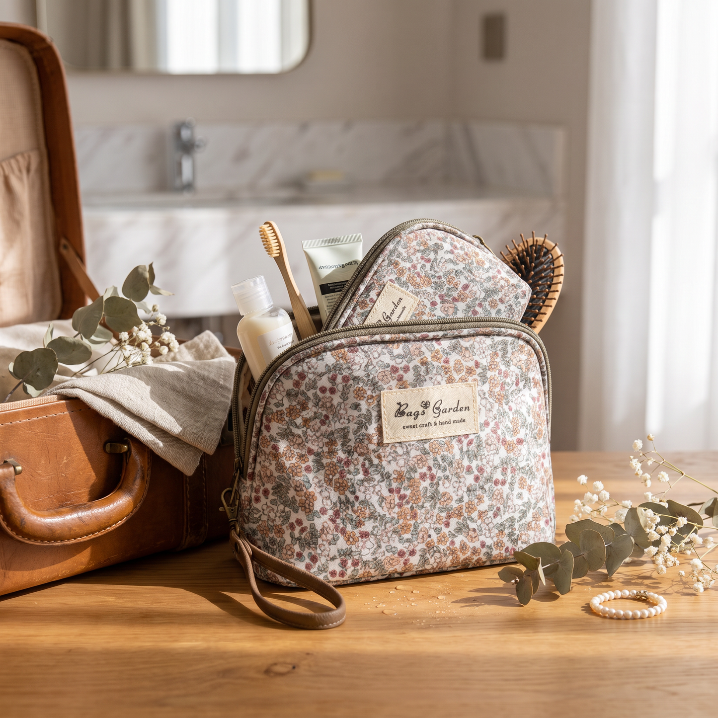 Set de 3 Neceseres Florales Impermeables de Diferentes Tamaños para Maquillaje y Viaje
