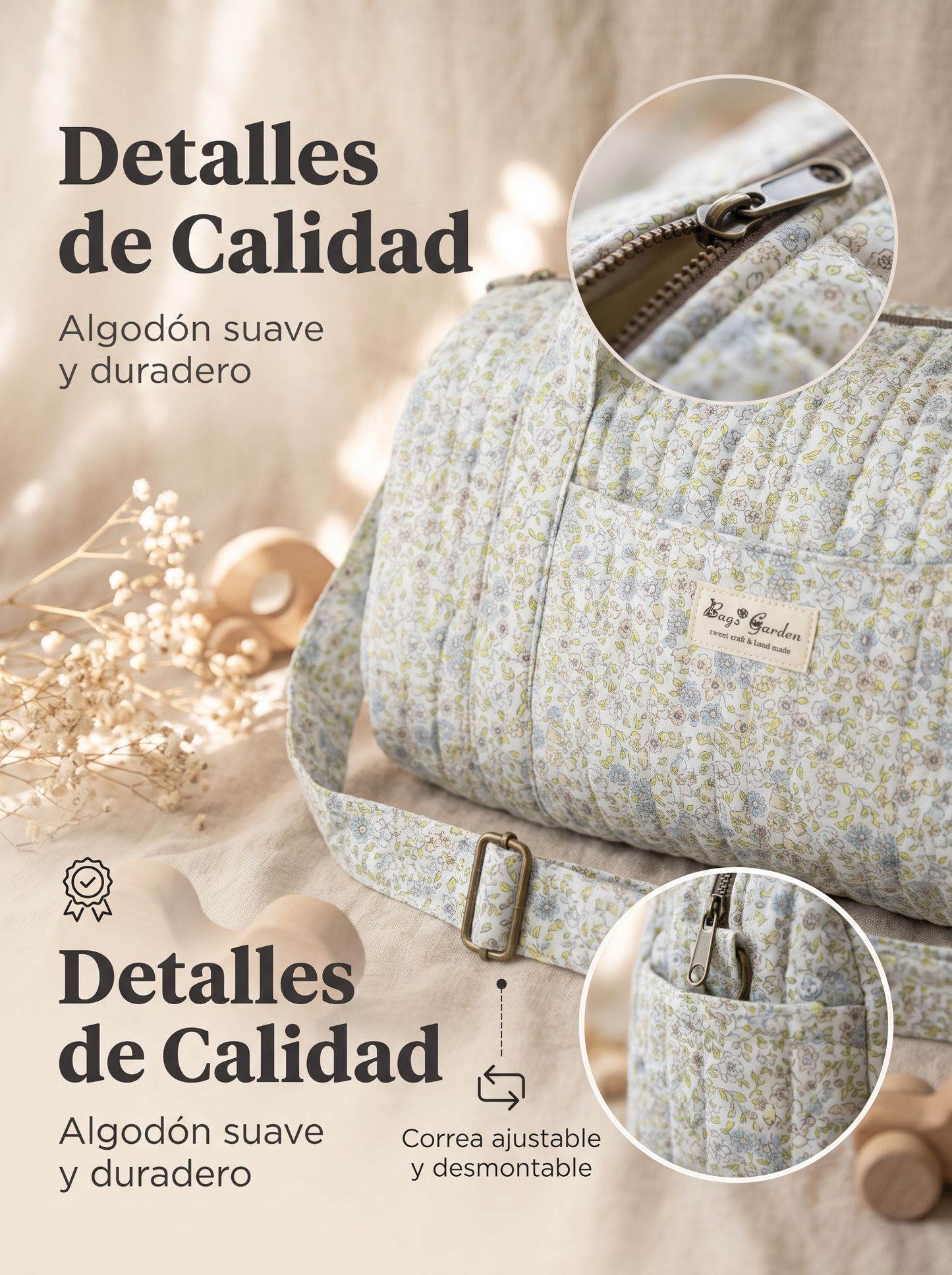 Bolso Maternal Barrel Floral de Algodón Acolchado para Artículos de Bebé con Correa Ajustable