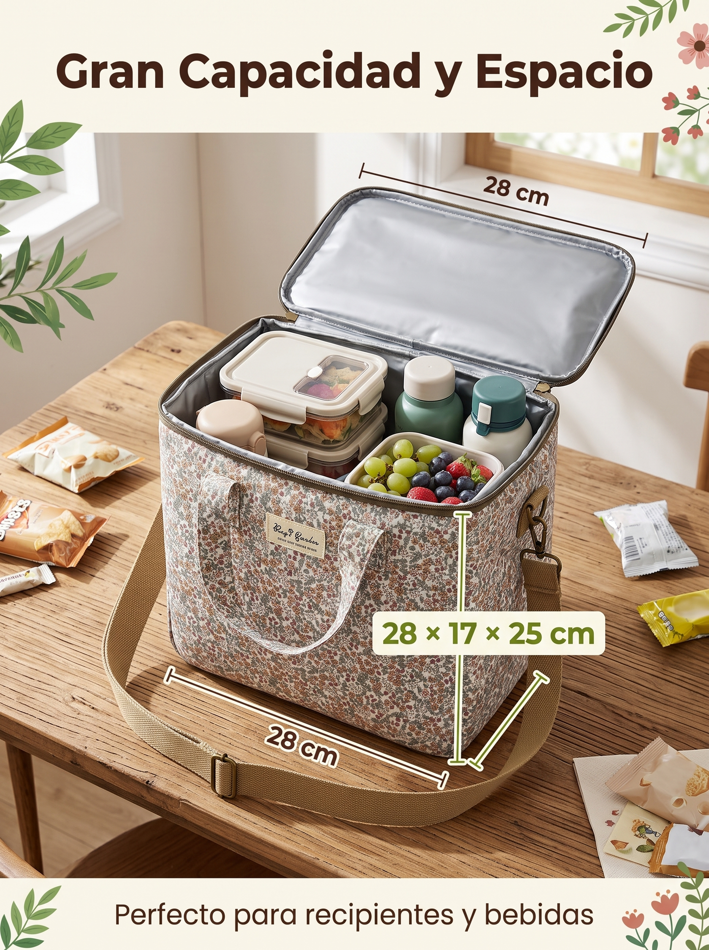 Bolso Nevera Grande Floral Impermeable con Interior Térmico y Asas para Comida, Playa y Picnic