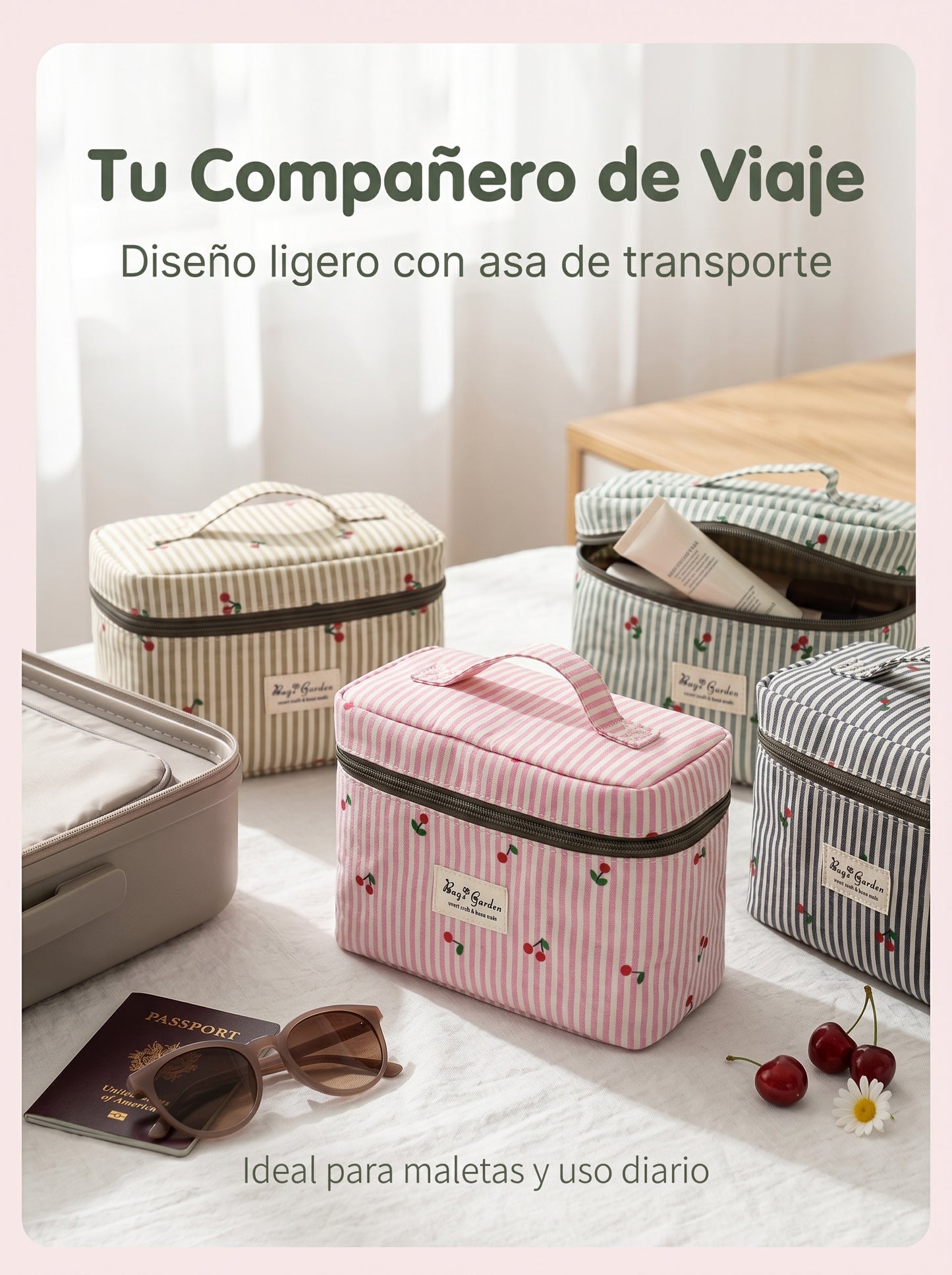 Neceser Rayas con Cerezas | Organizador de Viaje y Cosméticos