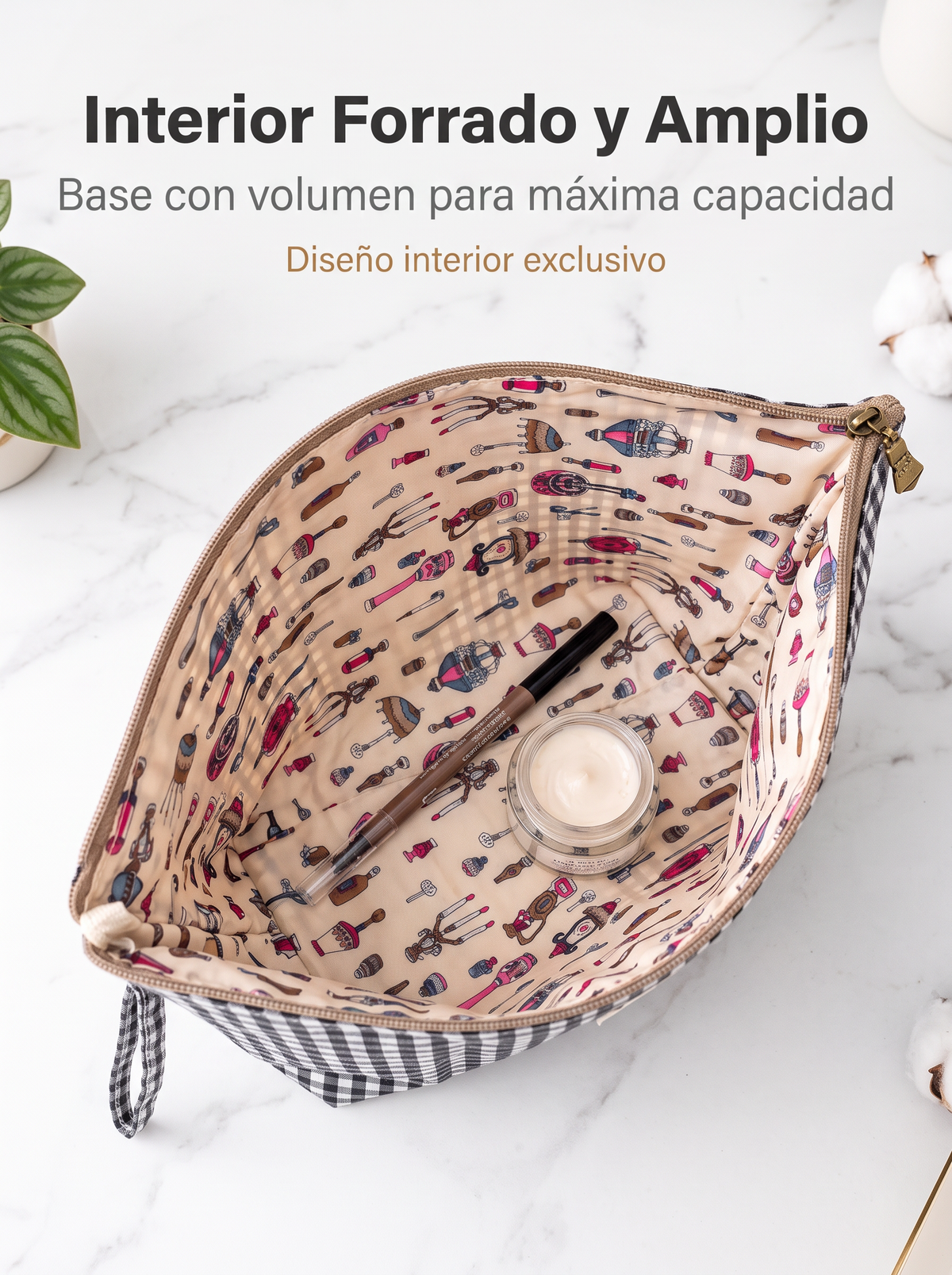 Neceser Grande Vichy Impermeable con Asa de Muñeca y Cremallera