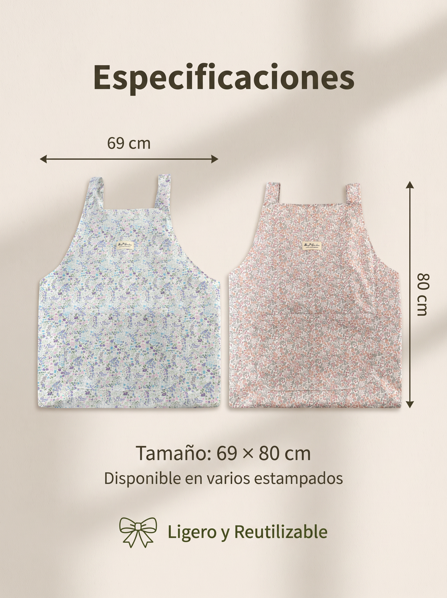 Delantal de Cocina con Estampado Floral, Dos Bolsillos Frontales y Cintas Traseras