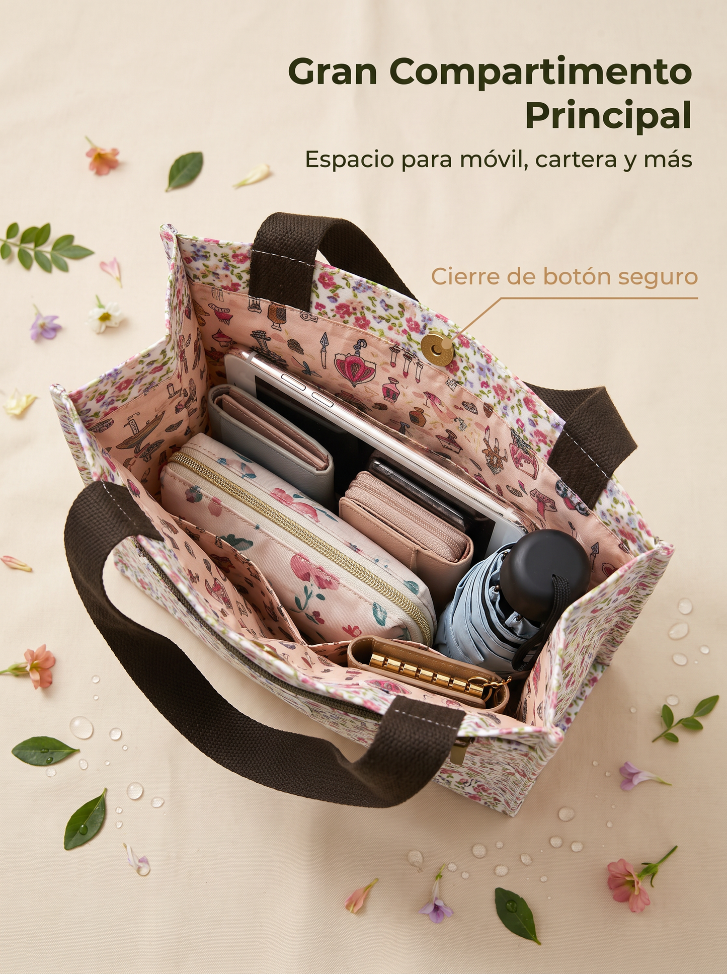 Bolso de Mano Mediano Floral Impermeable con Bolsillo Frontal, Cierre de Botón y Asas