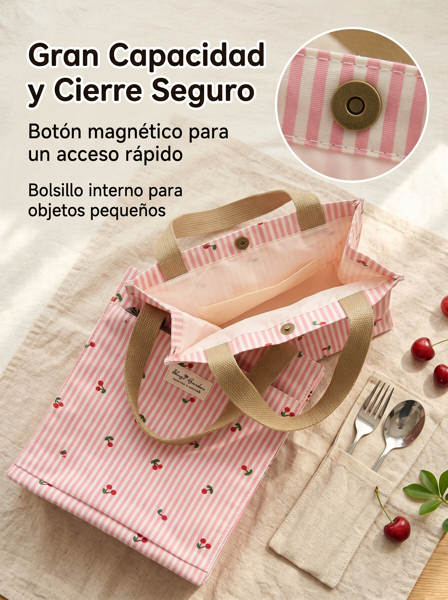 Bolso de almuerzo mediano rayas con cerezas