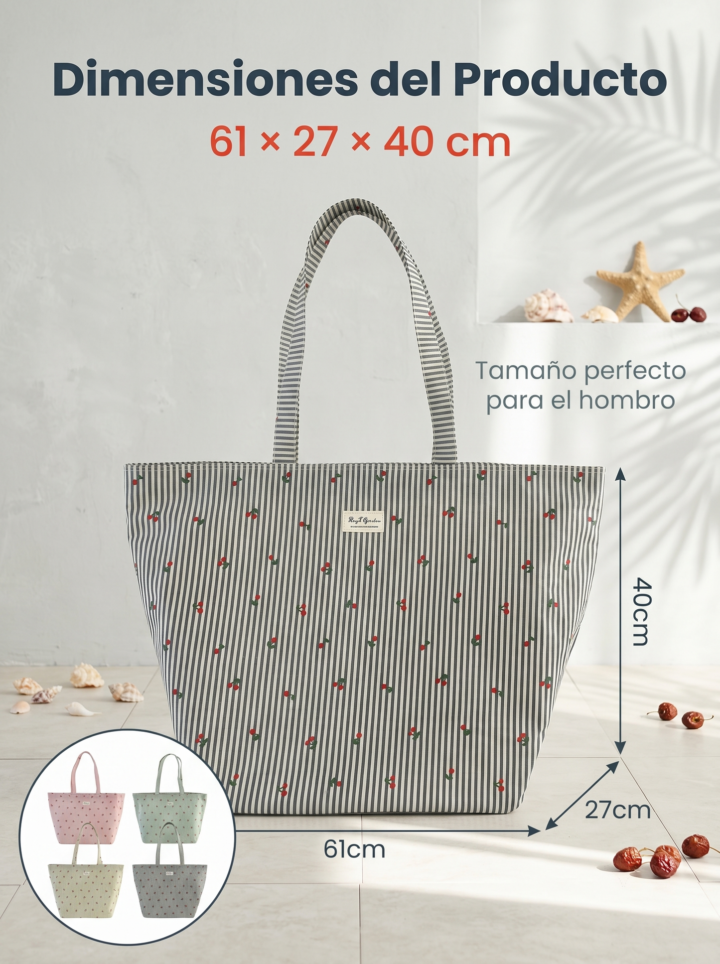 Bolso de Playa Grande Rayas con Cereza | Bolsa Tote Impermeable con Cremallera
