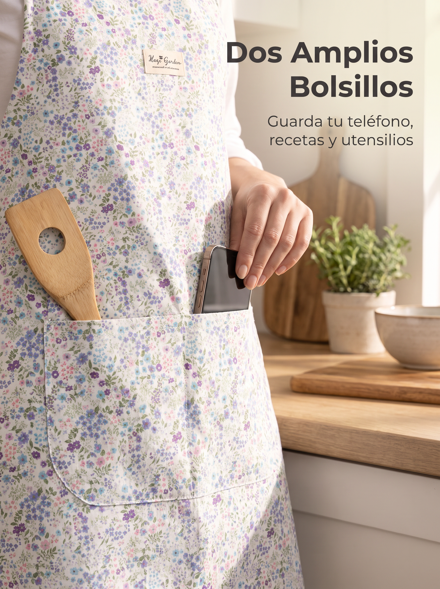Delantal de Cocina con Estampado Floral, Dos Bolsillos Frontales y Cintas Traseras