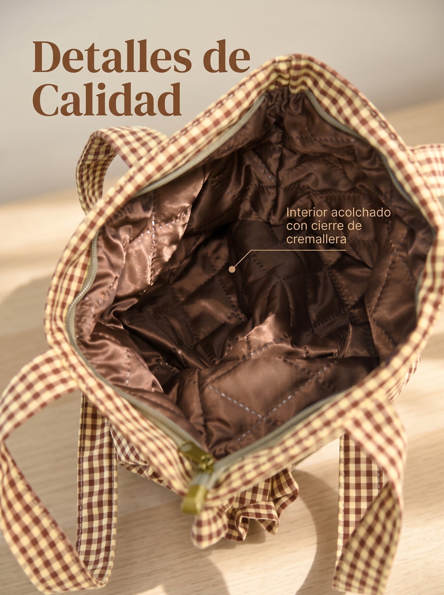 Bolso de Hombro de Algodón de Cuadros con Volantes y Cremallera