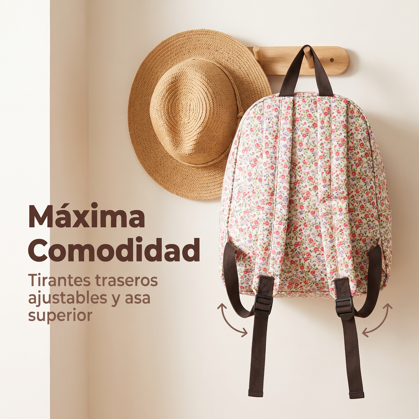 Mochila Nevera Floral Impermeable con Interior Térmico, Doble Cremallera, Bolsillos Laterales y Tirantes Ajustables