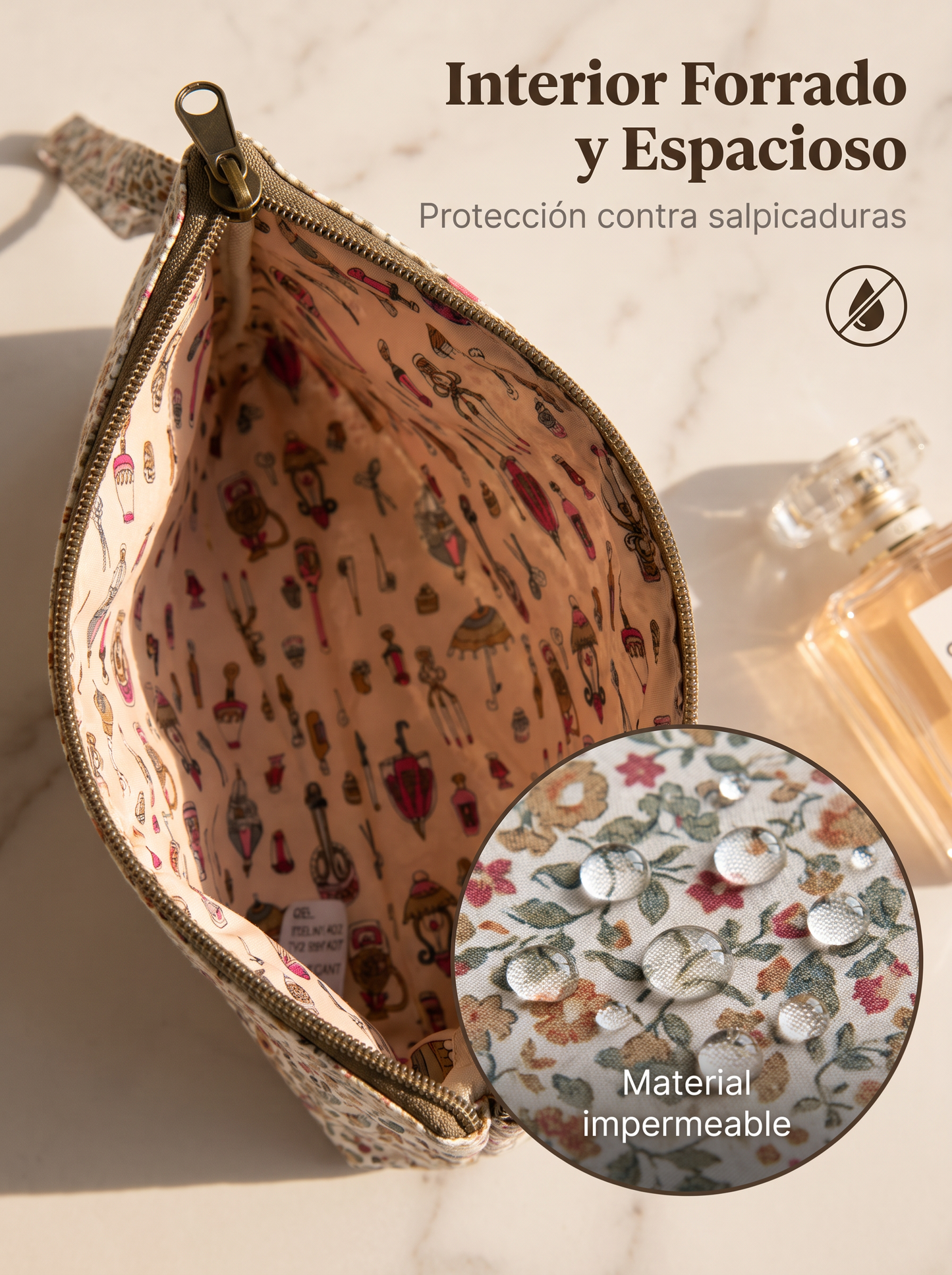 Neceser Floral Grande Impermeable con Cremallera y Asa de Mano para Maquillaje y Viaje