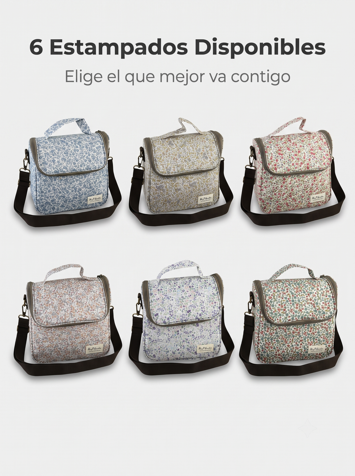 Bolso Nevera Floral Impermeable con Apertura Frontal, Asa y Correa Ajustable para Comida, Trabajo y Picnic