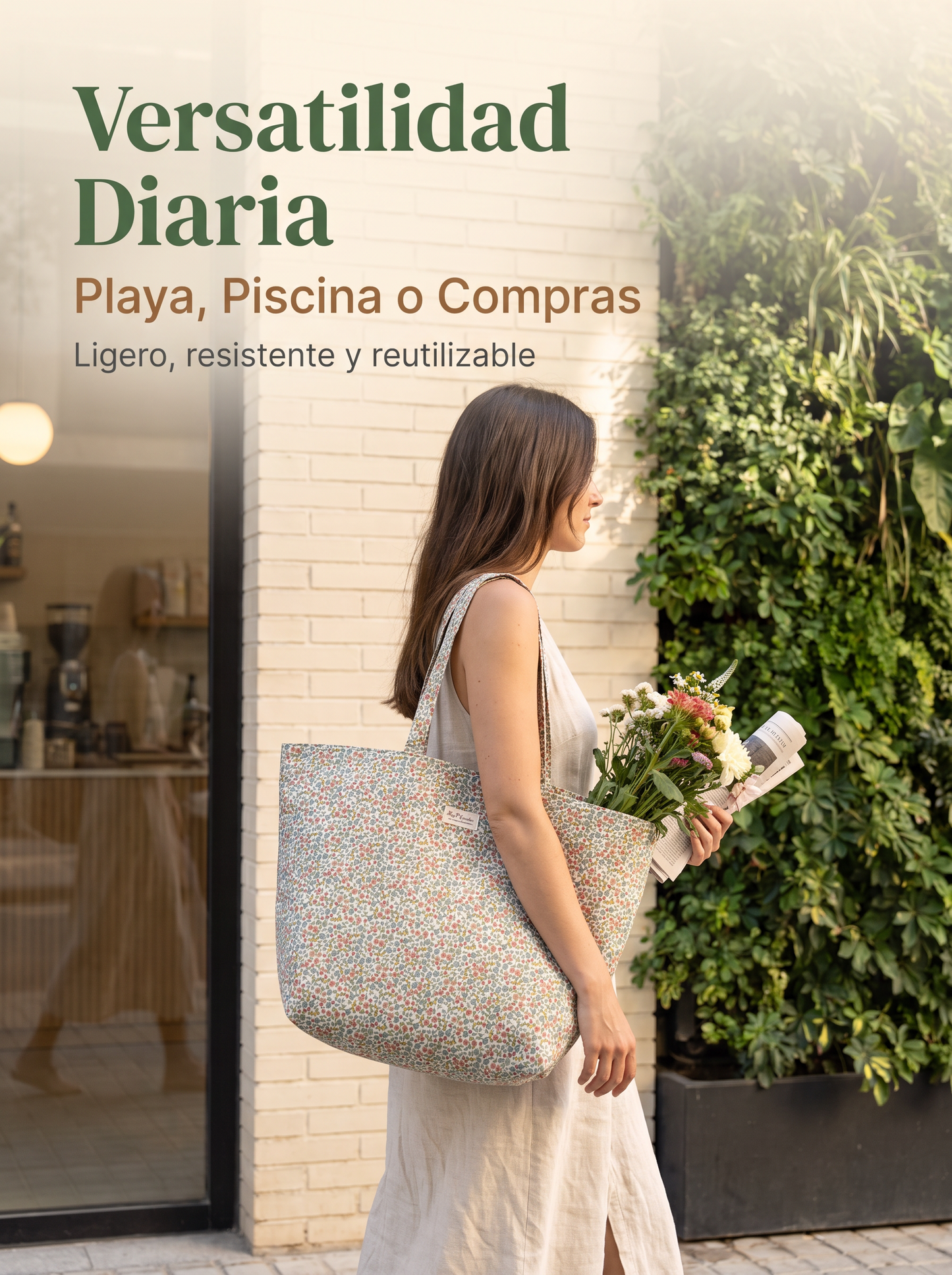 Bolso de Playa Floral Grande Impermeable con Cremallera y Asas Largas para Viajes, Piscina y Uso Diario