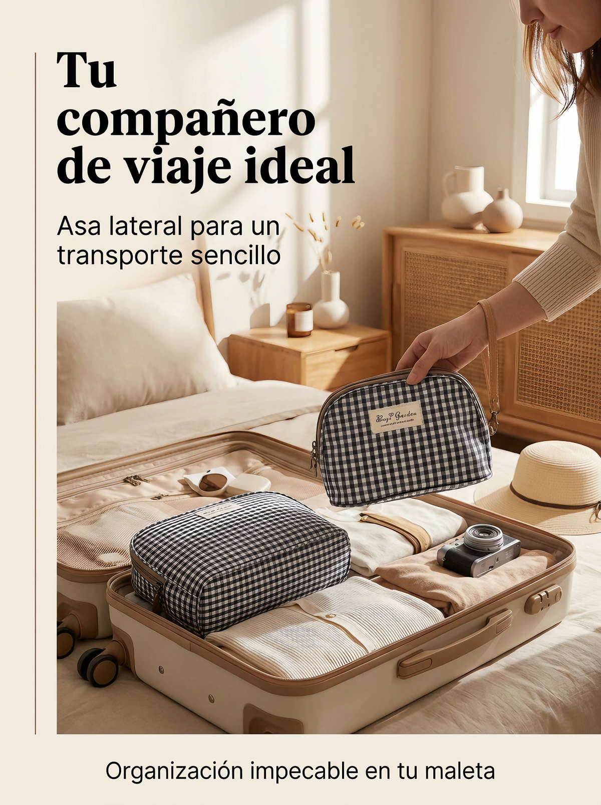 Set de 3 Neceseres Vichy Impermeables de Algodón para Viaje, Maquillaje y Cosméticos