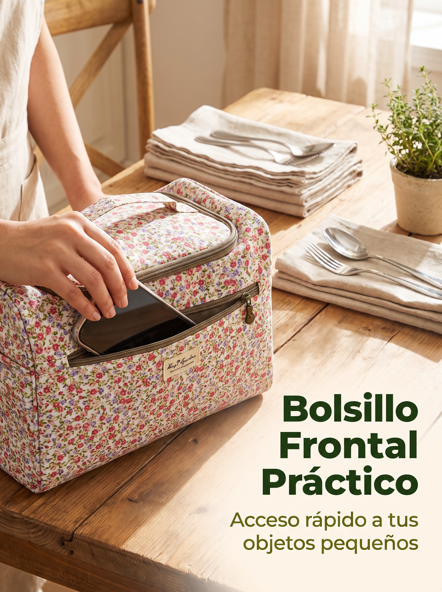 Bolso Nevera Floral Grande Impermeable con Bolsillo Frontal, Cremallera y Correa de Hombro para Picnic y Trabajo