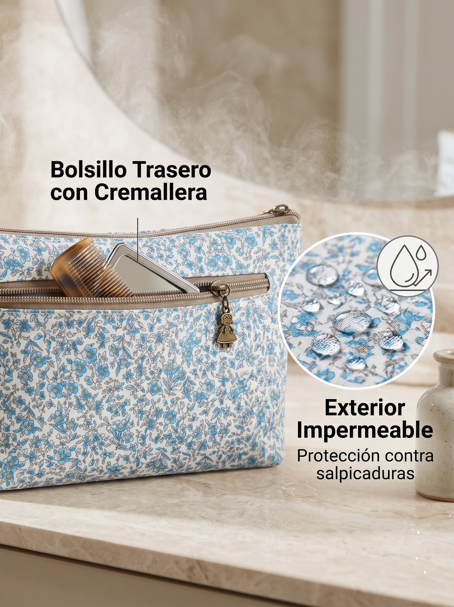 Neceser Mediano Floral Impermeable Bags Garden con Asa de Muñeca y Bolsillo Trasero con Cremallera