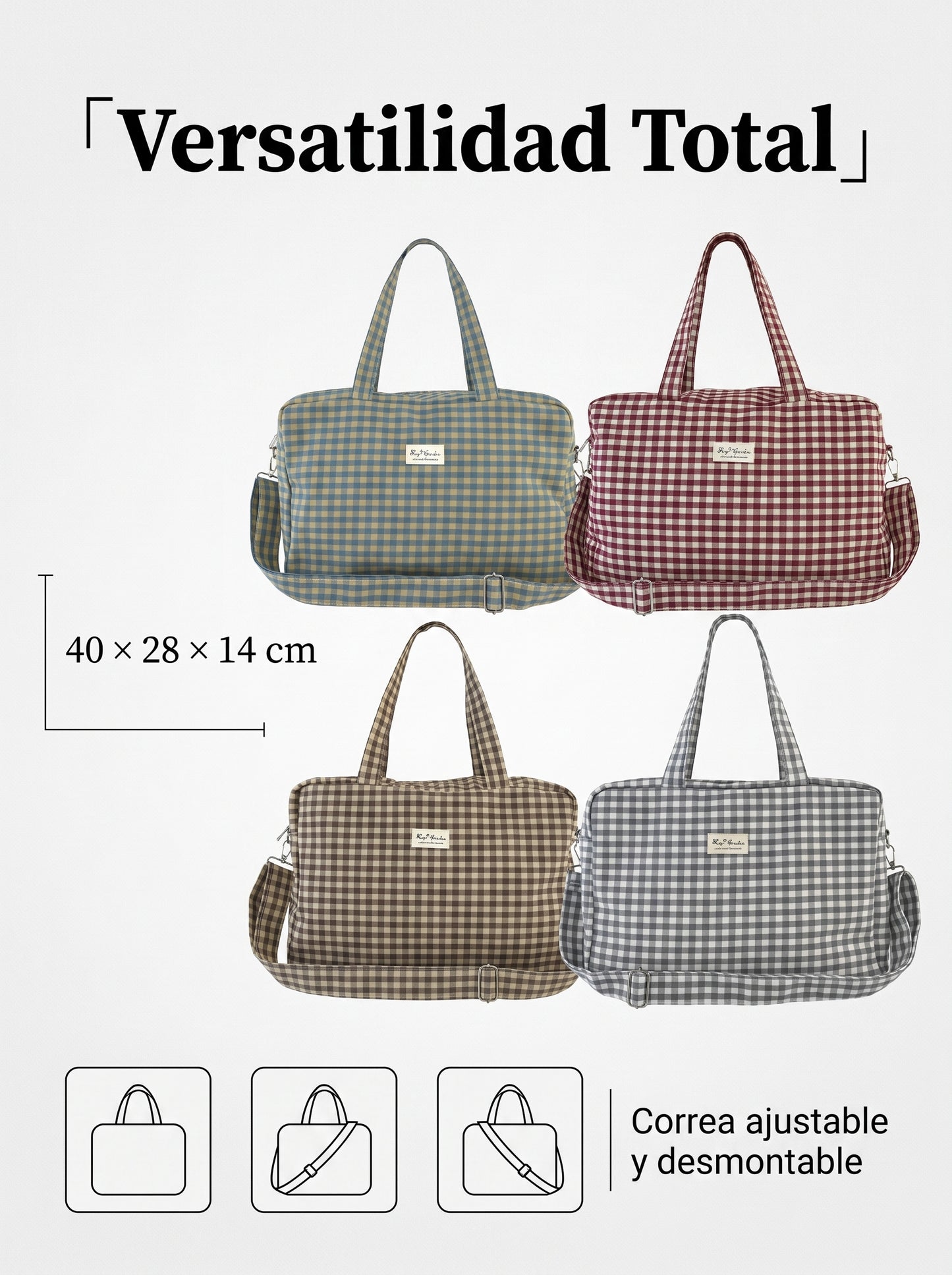 Bolso de Viaje y Maternidad de Algodón a Cuadros con Bandolera Ajustable