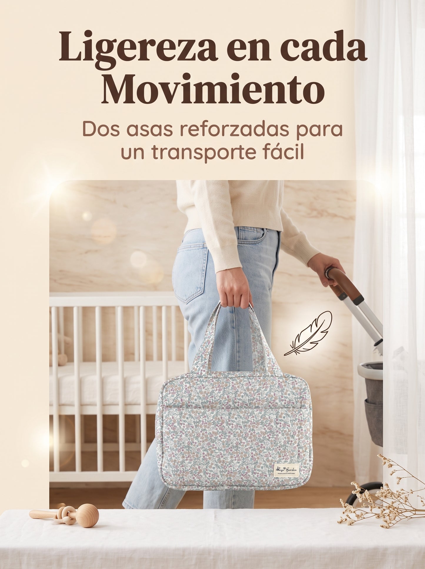 Bolso Organizador Floral de Mano para Artículos de Bebé en Algodón Acolchado