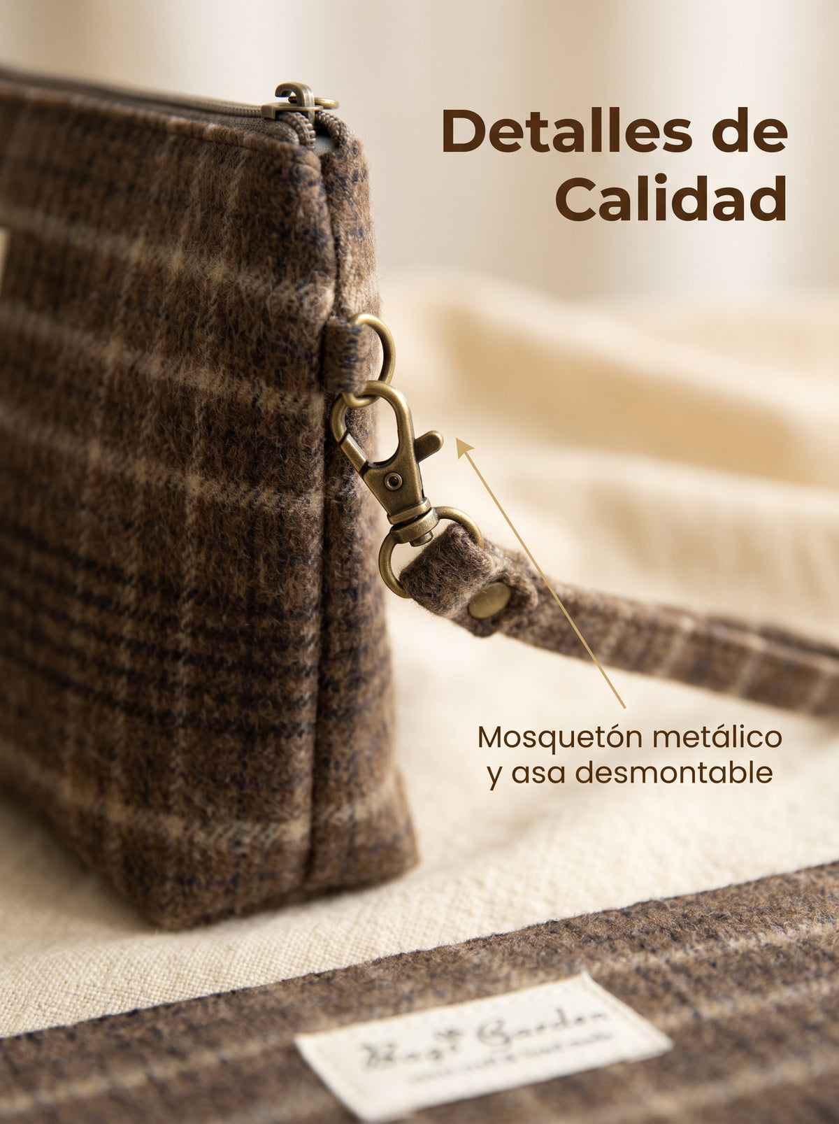 Neceser de cuadros de algodón con asa de muñeca desmontable