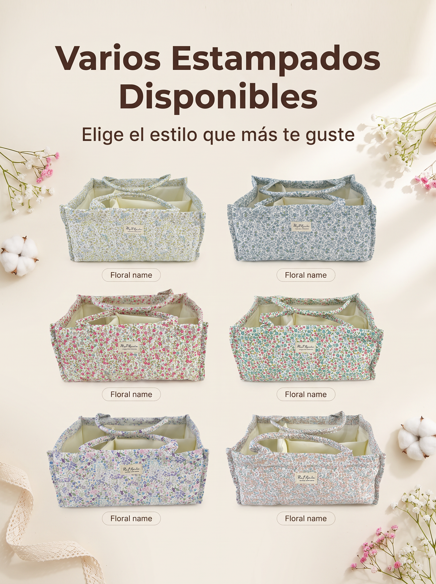 Cesta Organizadora Floral de Algodón Acolchado con Compartimentos y Asas