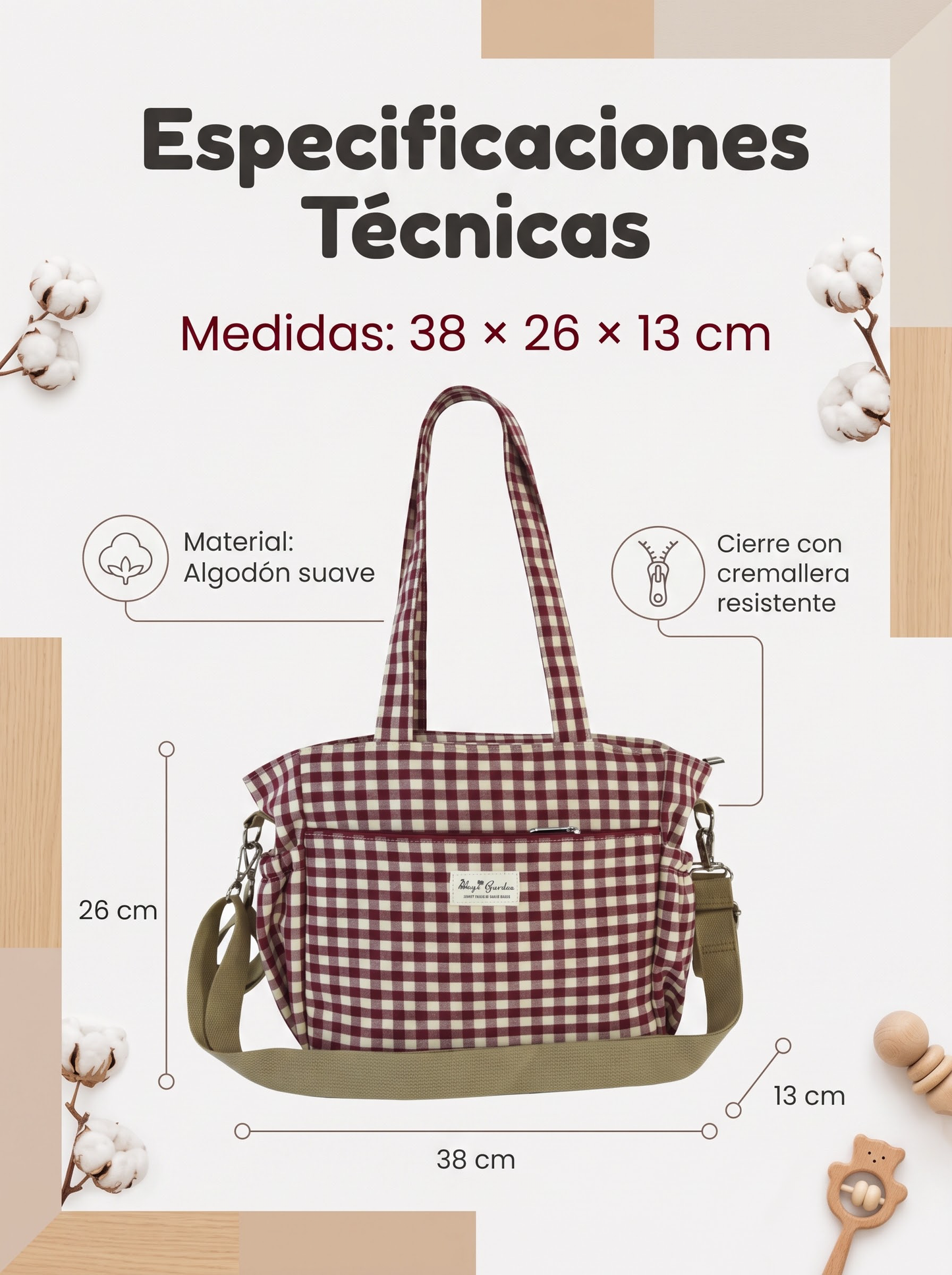 Bolso Organizador 3 en 1 para Carrito de Bebé de Algodón a Cuadros con Cremallera