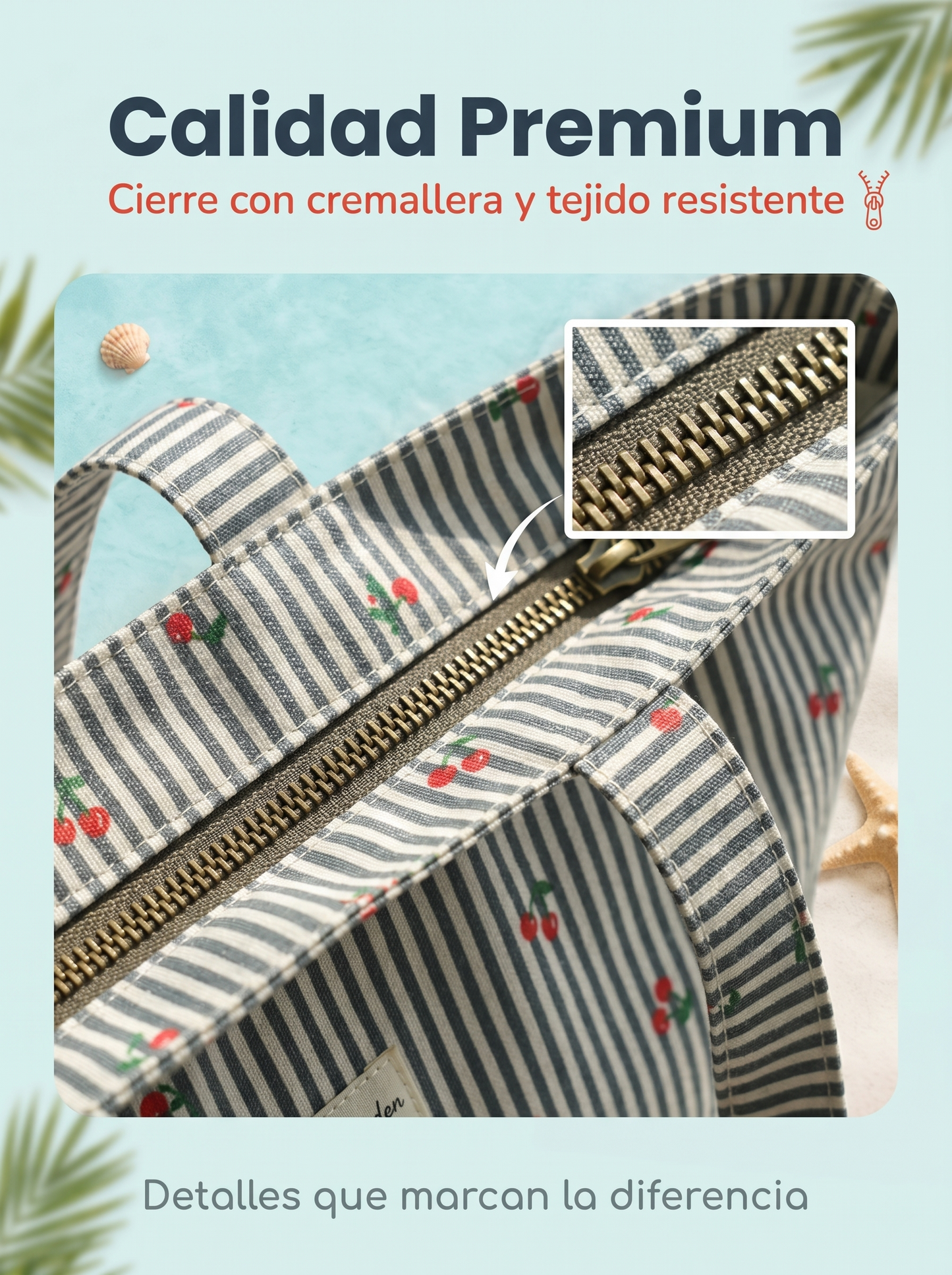 Bolso de Playa Grande Rayas con Cereza | Bolsa Tote Impermeable con Cremallera