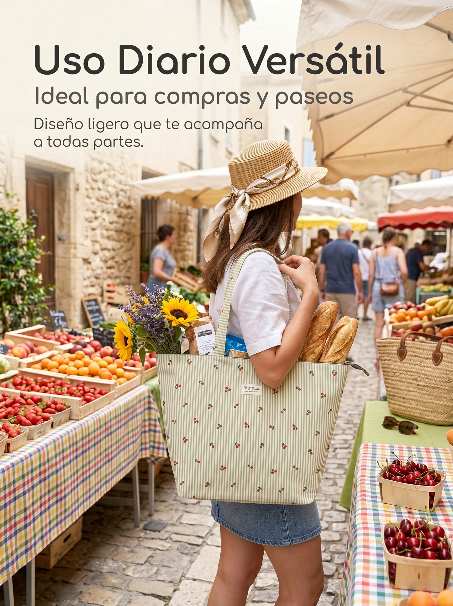 Bolso de Playa Pequeño Rayas con Cereza | Bolsa Ligera con Cremallera