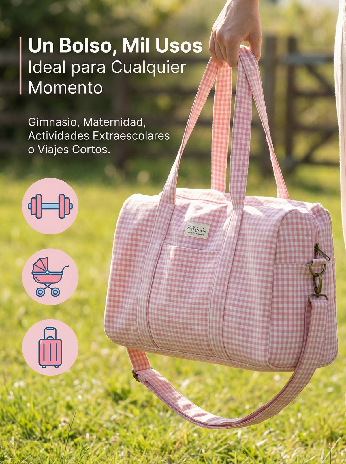 Bolso Barrel de Algodón Vichy con Asa y Bandolera