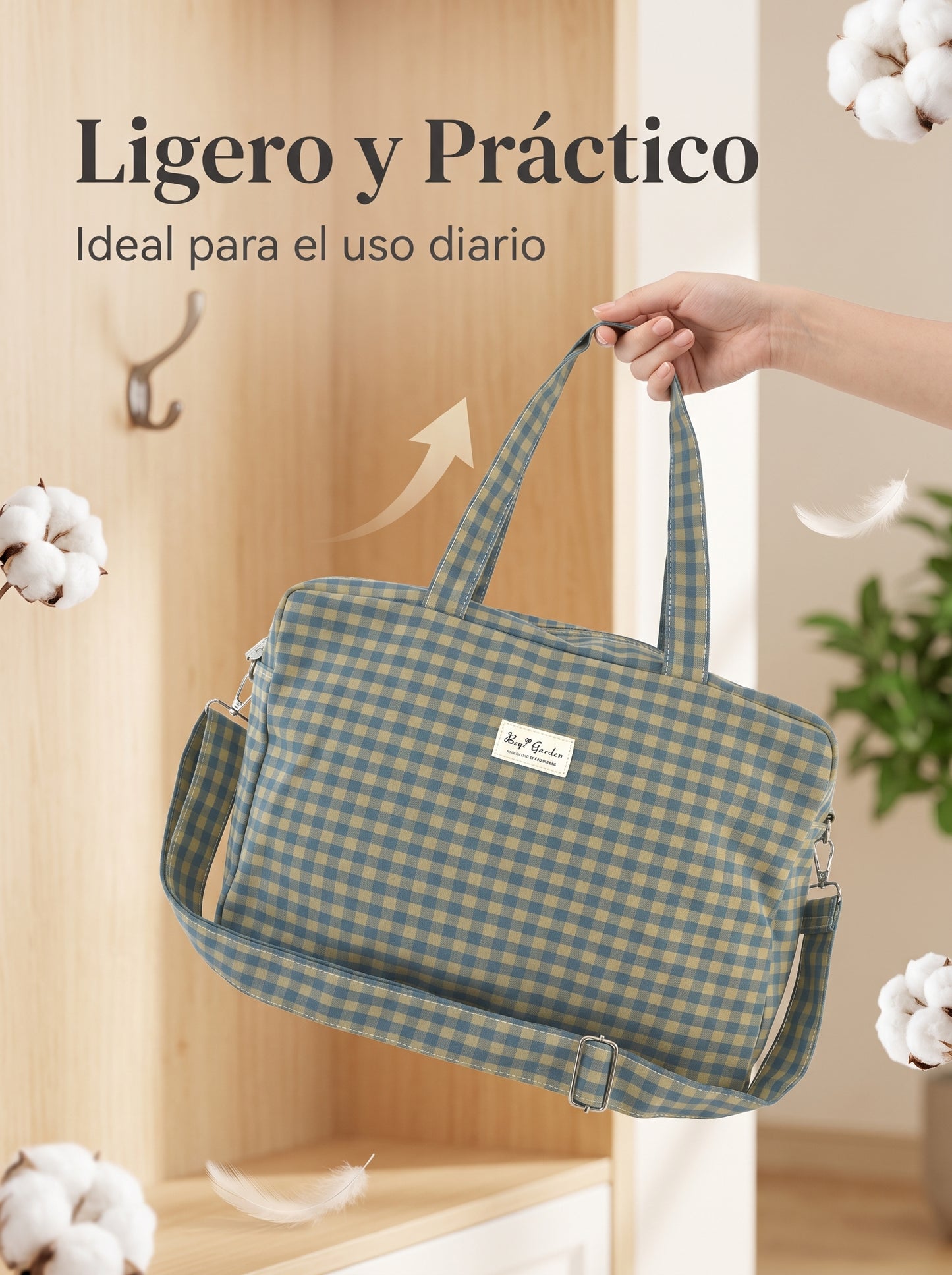 Bolso de Viaje y Maternidad de Algodón a Cuadros con Bandolera Ajustable