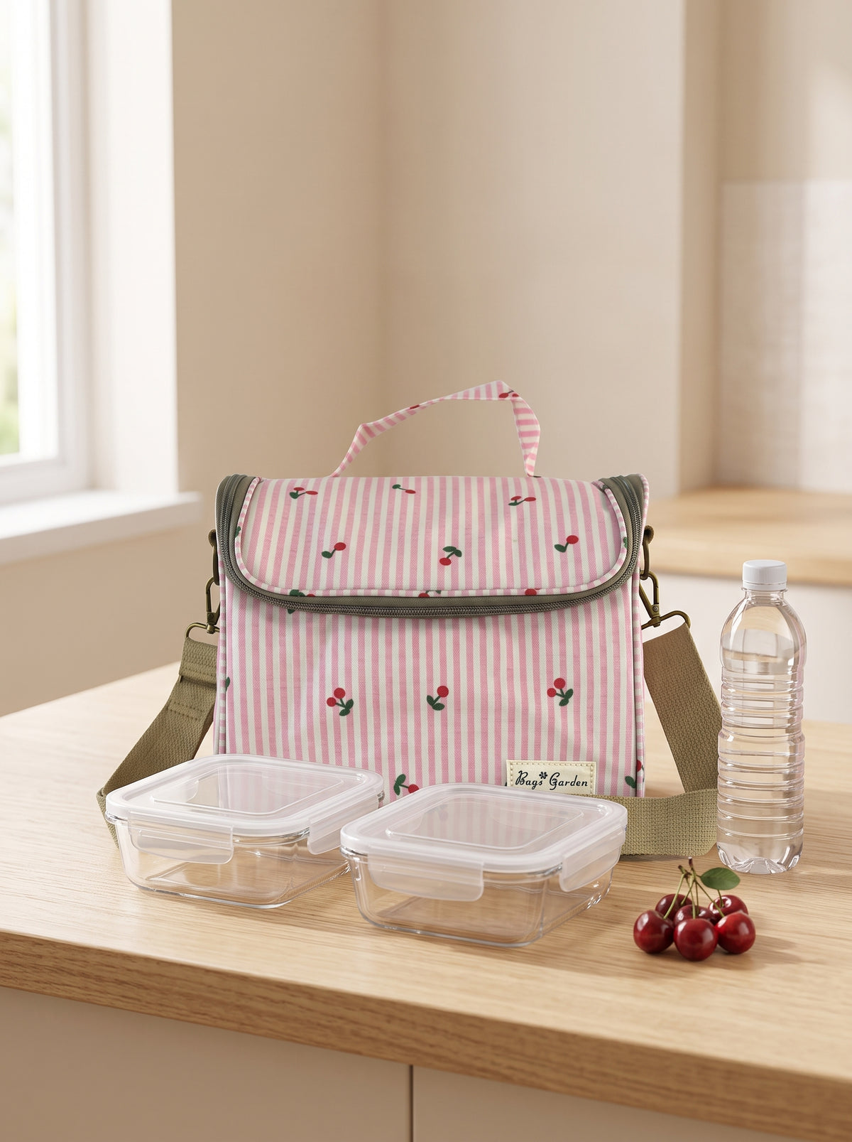 Bolsa Nevera de Rayas con Cerezas con Tapa Abatible
