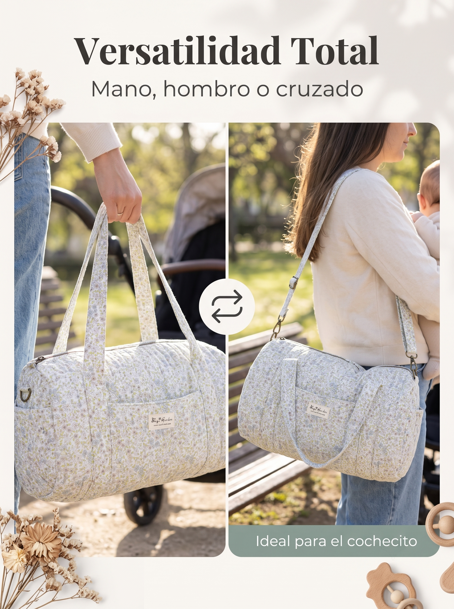 Bolso Maternal Barrel Floral de Algodón Acolchado para Artículos de Bebé con Correa Ajustable