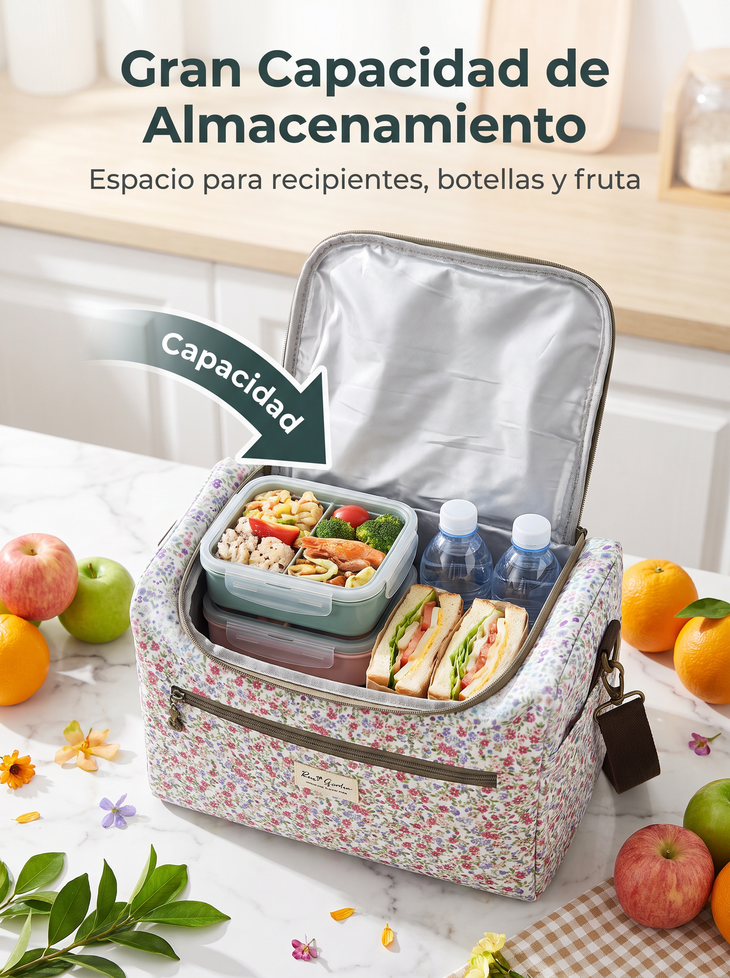 Bolso Nevera Floral Grande Impermeable con Bolsillo Frontal, Cremallera y Correa de Hombro para Picnic y Trabajo