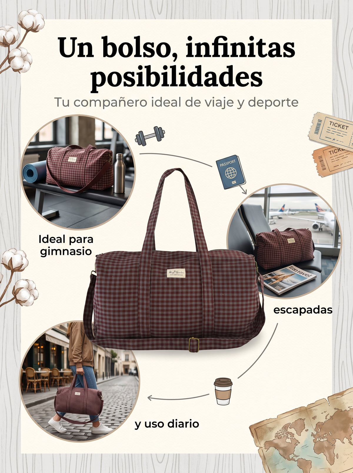 Bolso barrel de cuadros de algodón con asas y bandolera