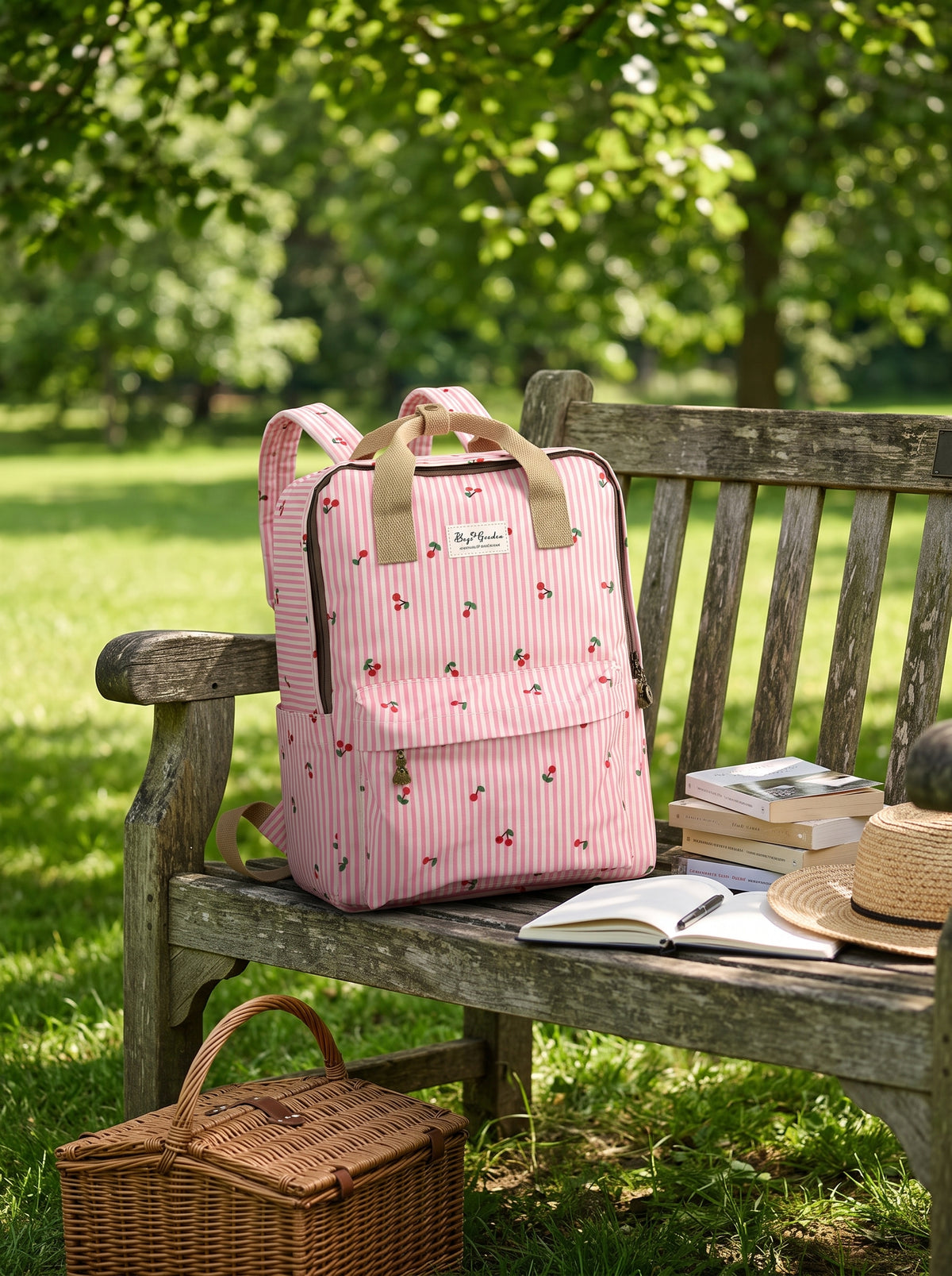 Mochila de Rayas con Cerezas con Bolsillo Frontal