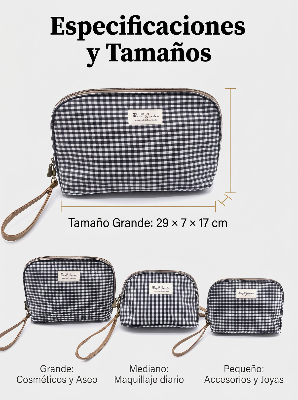 Set de 3 Neceseres Vichy Impermeables de Algodón para Viaje, Maquillaje y Cosméticos