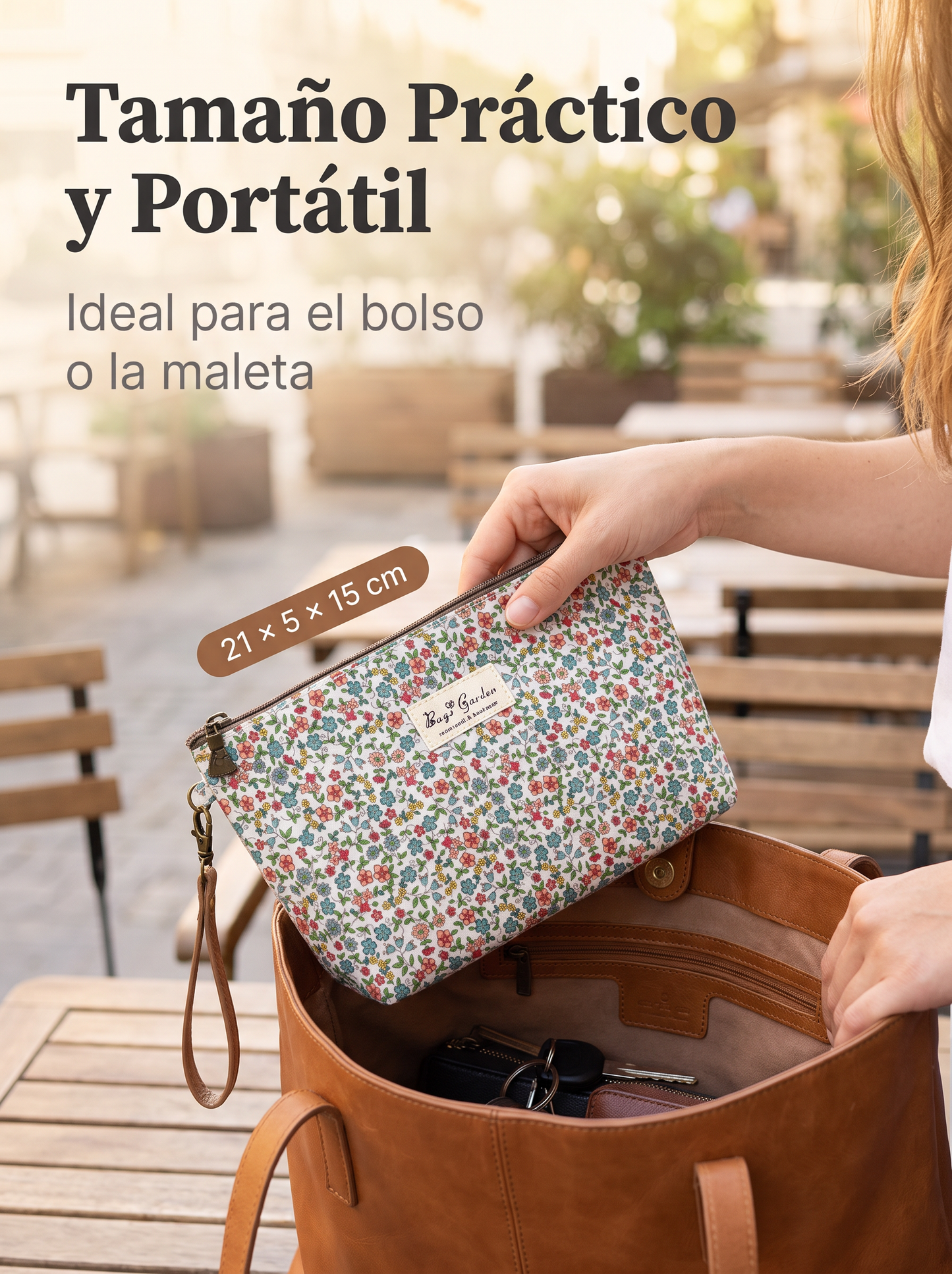 Neceser Mediano Floral Impermeable Bags Garden con Asa de Muñeca y Bolsillo Trasero con Cremallera
