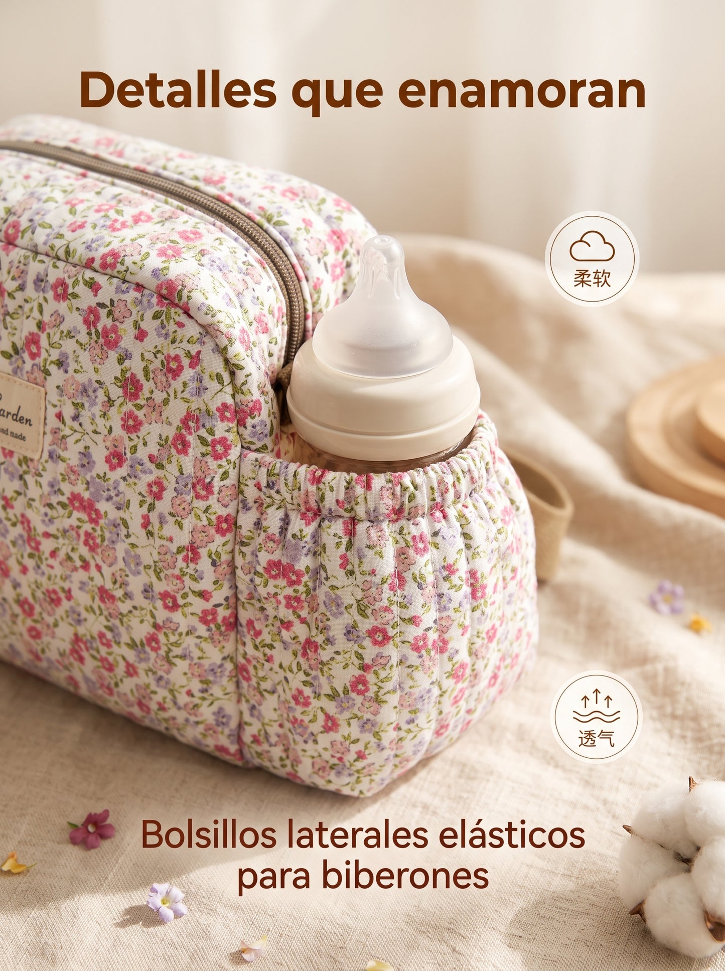 Bolso Organizador Floral para Carrito de Bebé de Algodón