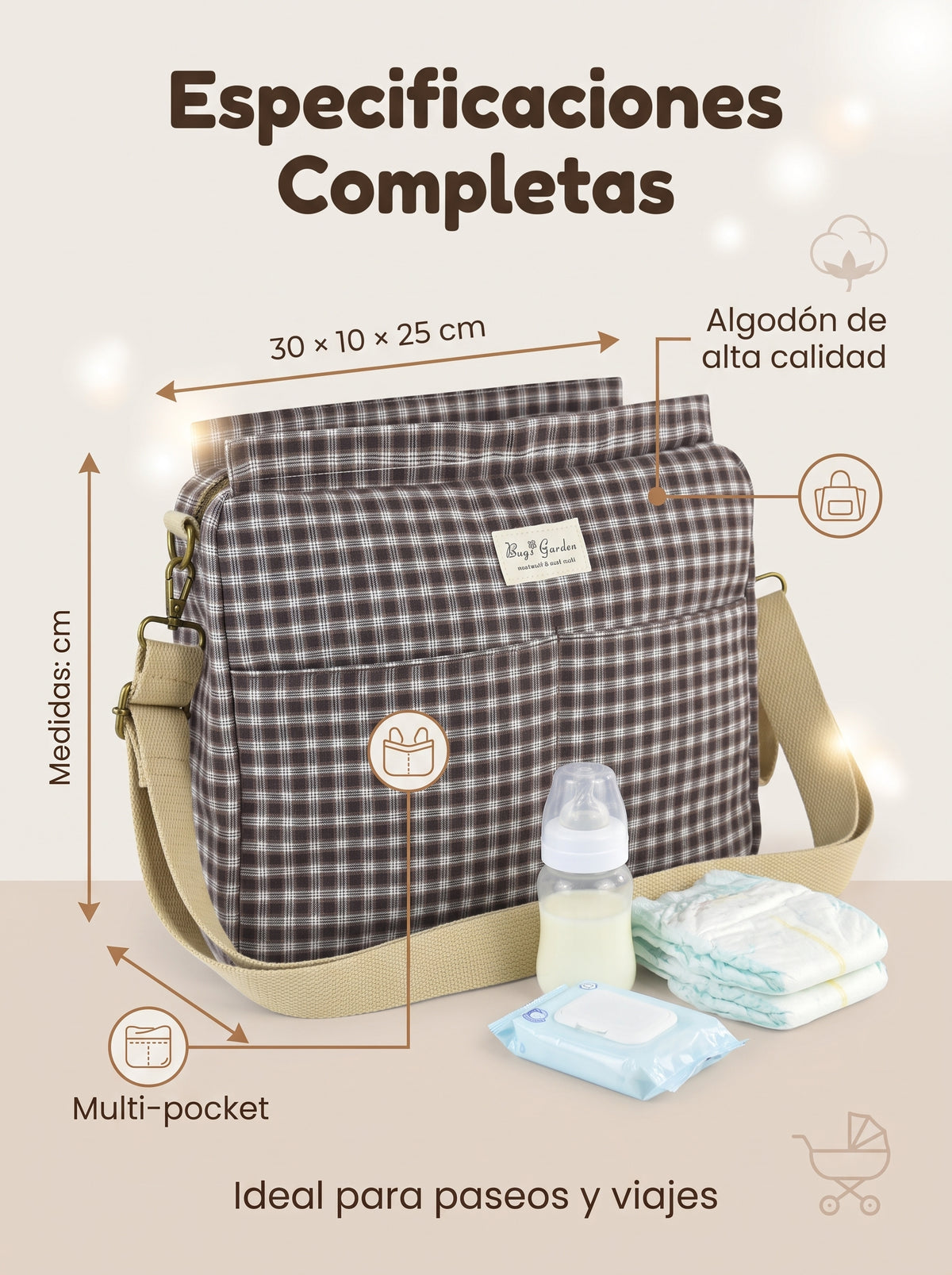 Bolso organizador para carrito de bebé de cuadros de algodón con bandolera