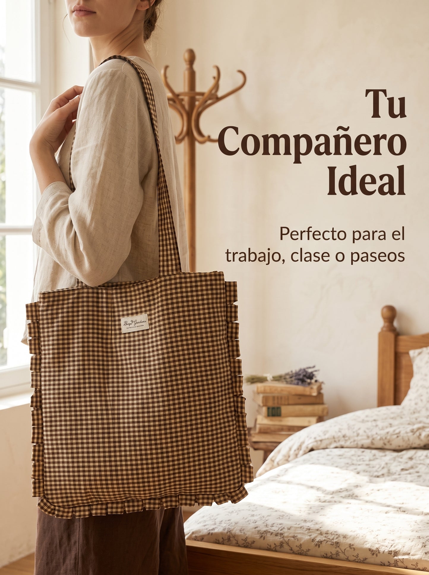 Bolso de Hombro de Algodón de Cuadros con Volantes y Cremallera