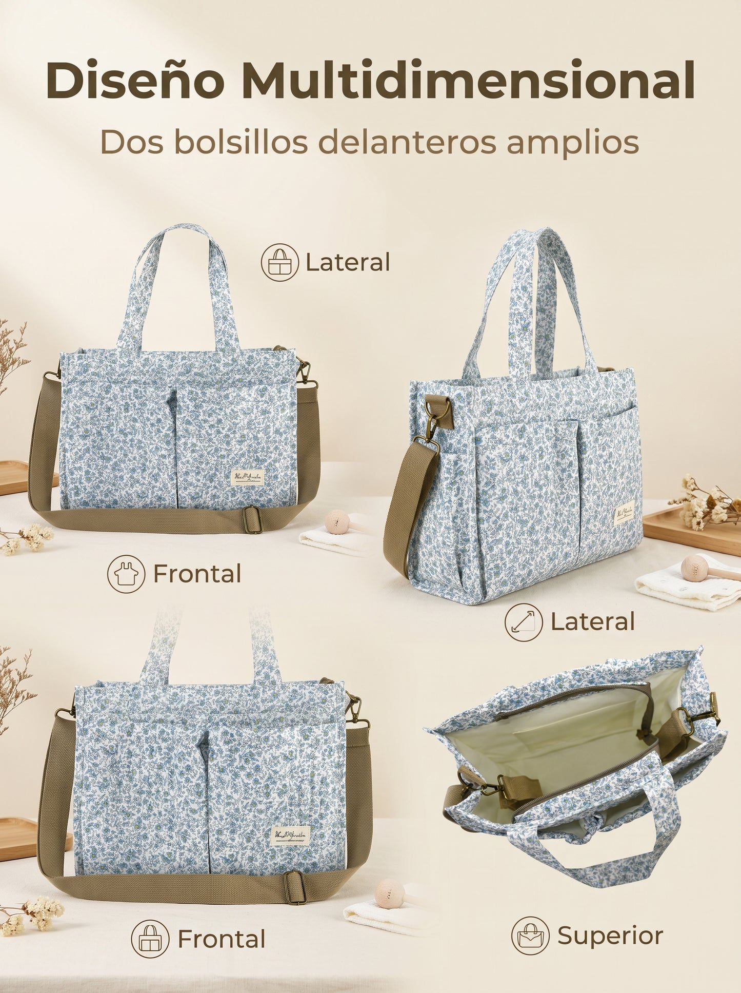 Bolso Organizador Floral para Carrito de Bebé de algodón con Bolsillos, Asas y Correa Ajustable