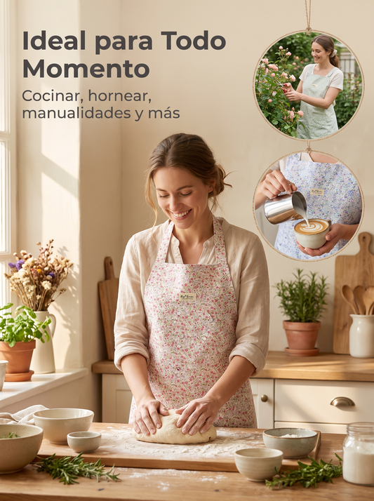 Delantal de Cocina con Estampado Floral, Dos Bolsillos Frontales y Cintas Traseras