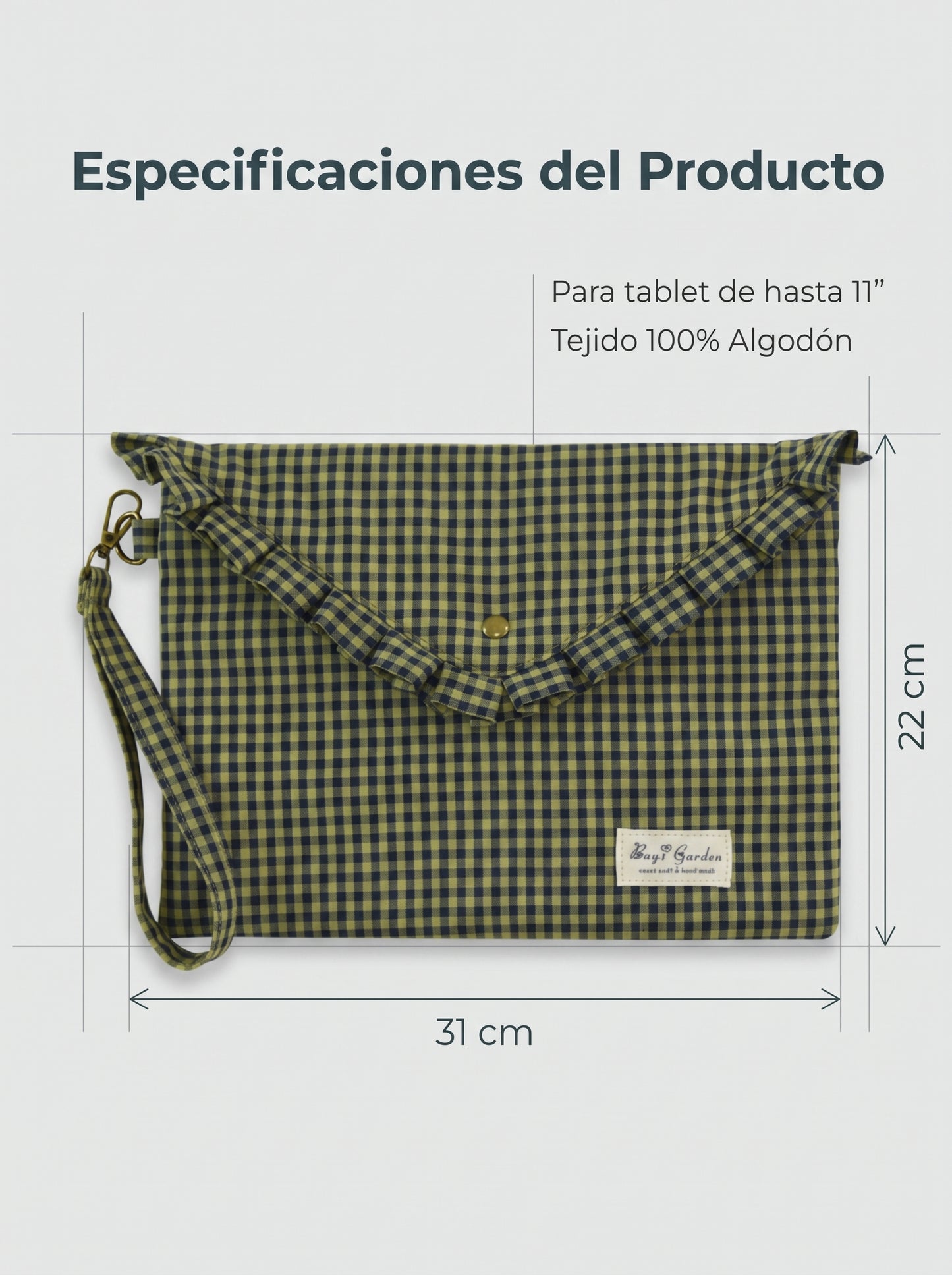 Funda para Tablet de 11” de Algodón a Cuadros con Volante y Asa de Muñeca