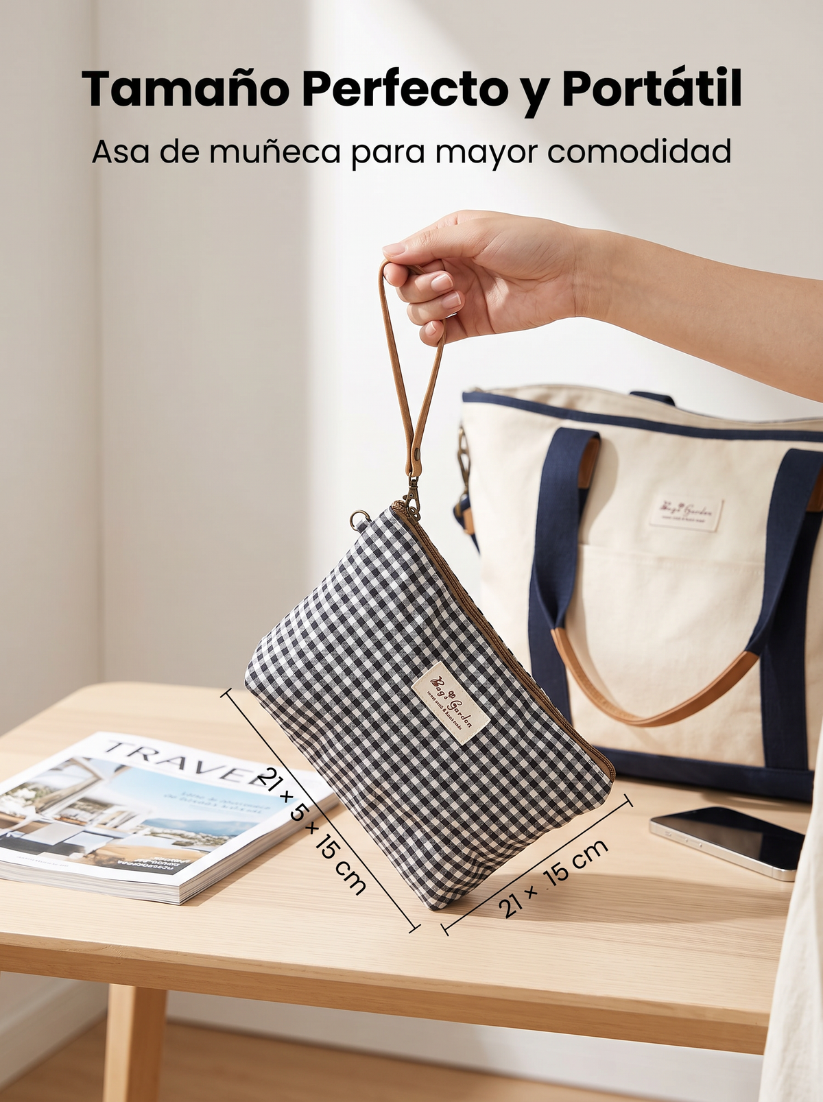 Neceser Mediano Vichy Impermeable con Bolsillo Trasero y Asa de Muñeca
