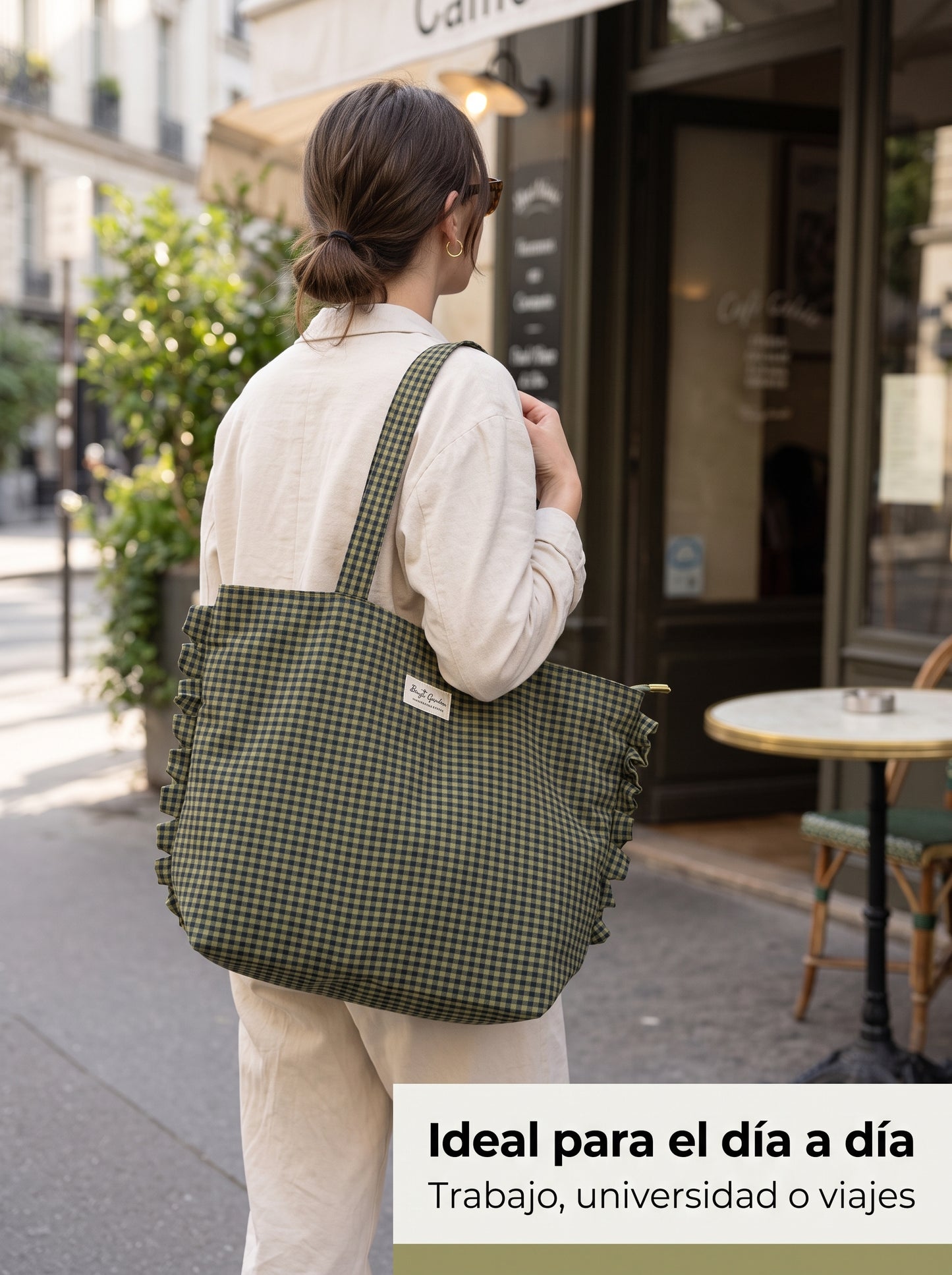 Bolso Tote de Hombro de Cuadros con Volantes y Cremallera