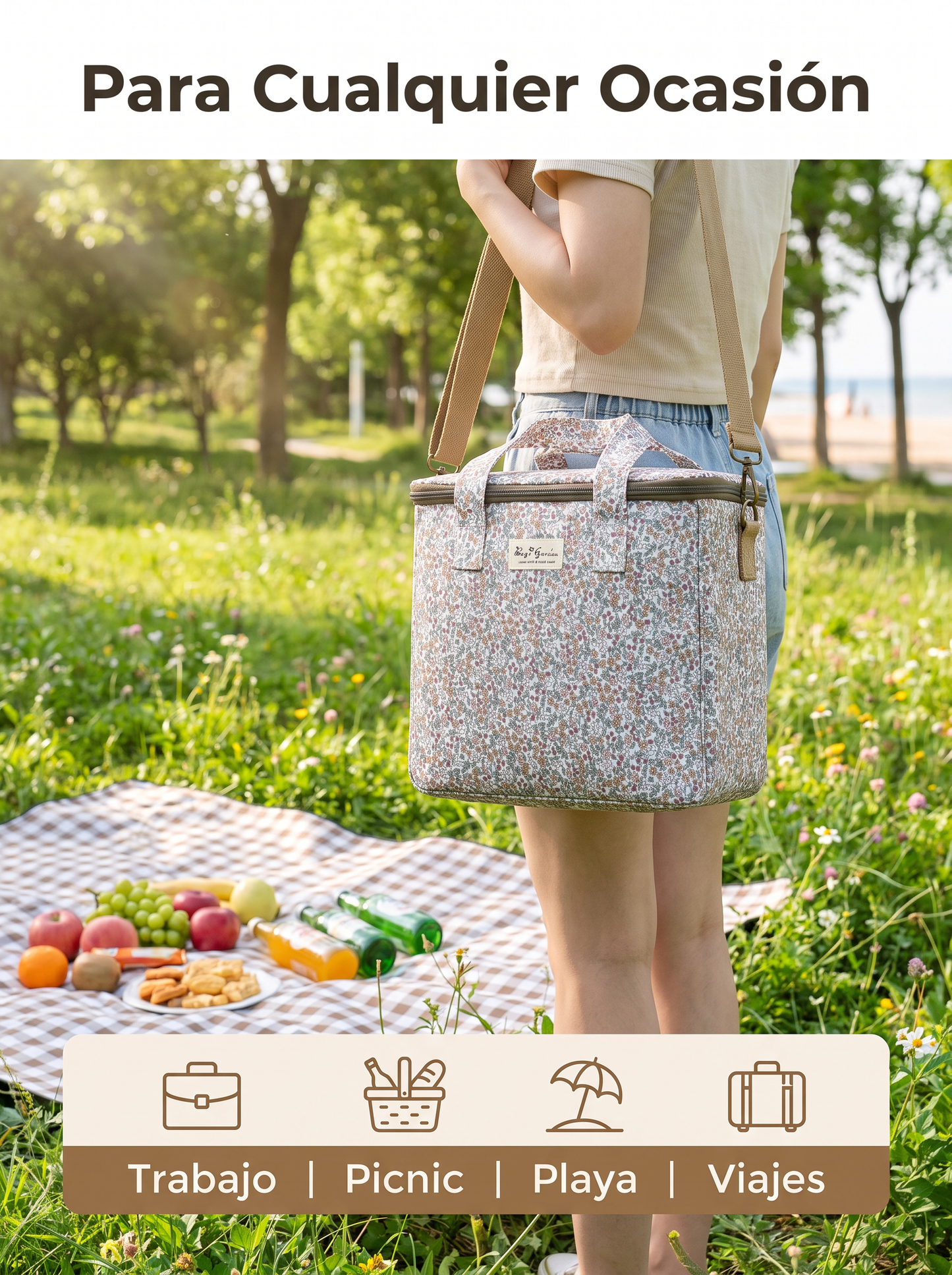 Bolso Nevera pequeño Floral Impermeable con Asa y Correa Ajustable para Comida, Trabajo, Playa y Picnic