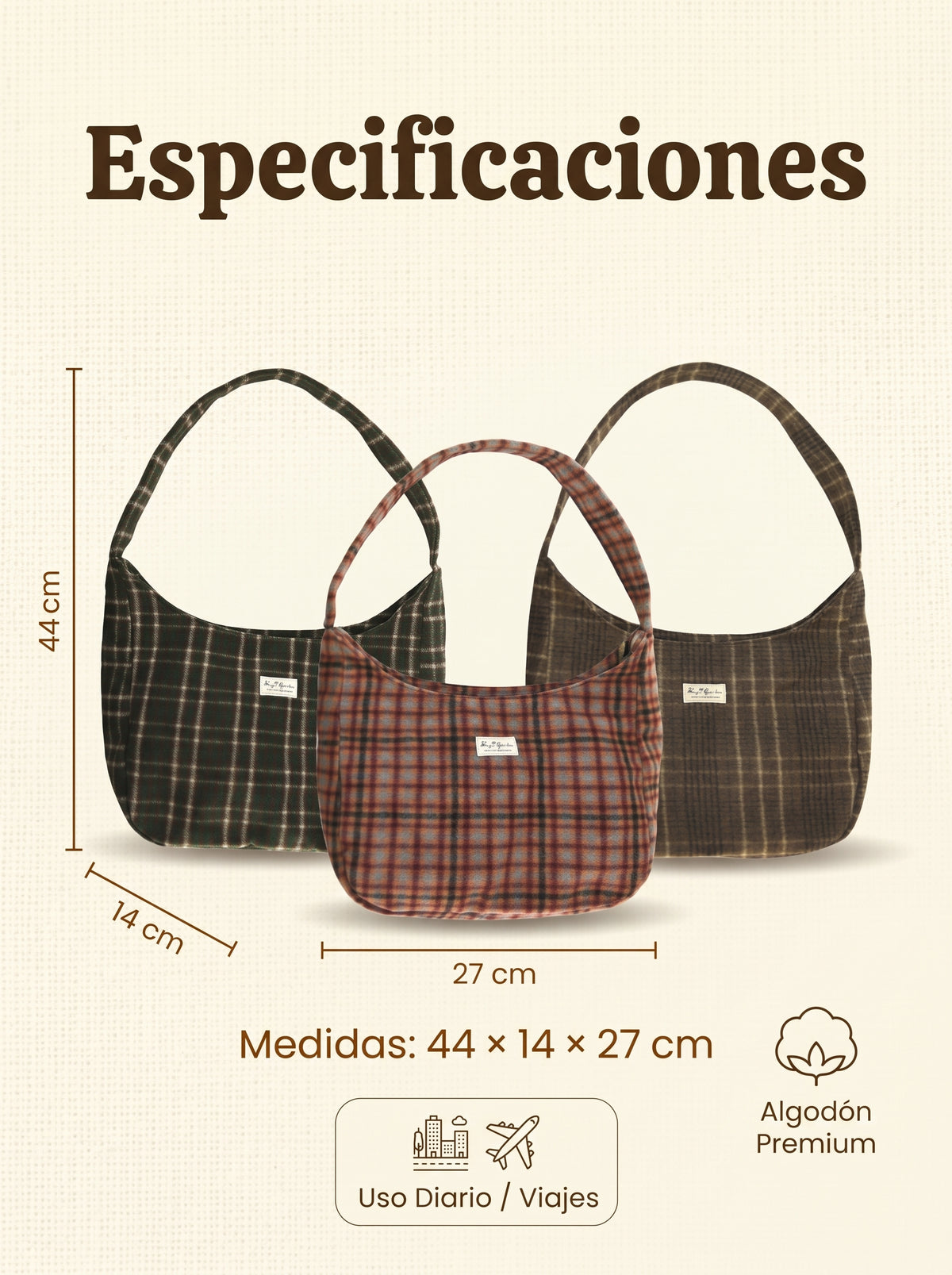 Bolso de hombro de cuadros de algodón estilo hobo