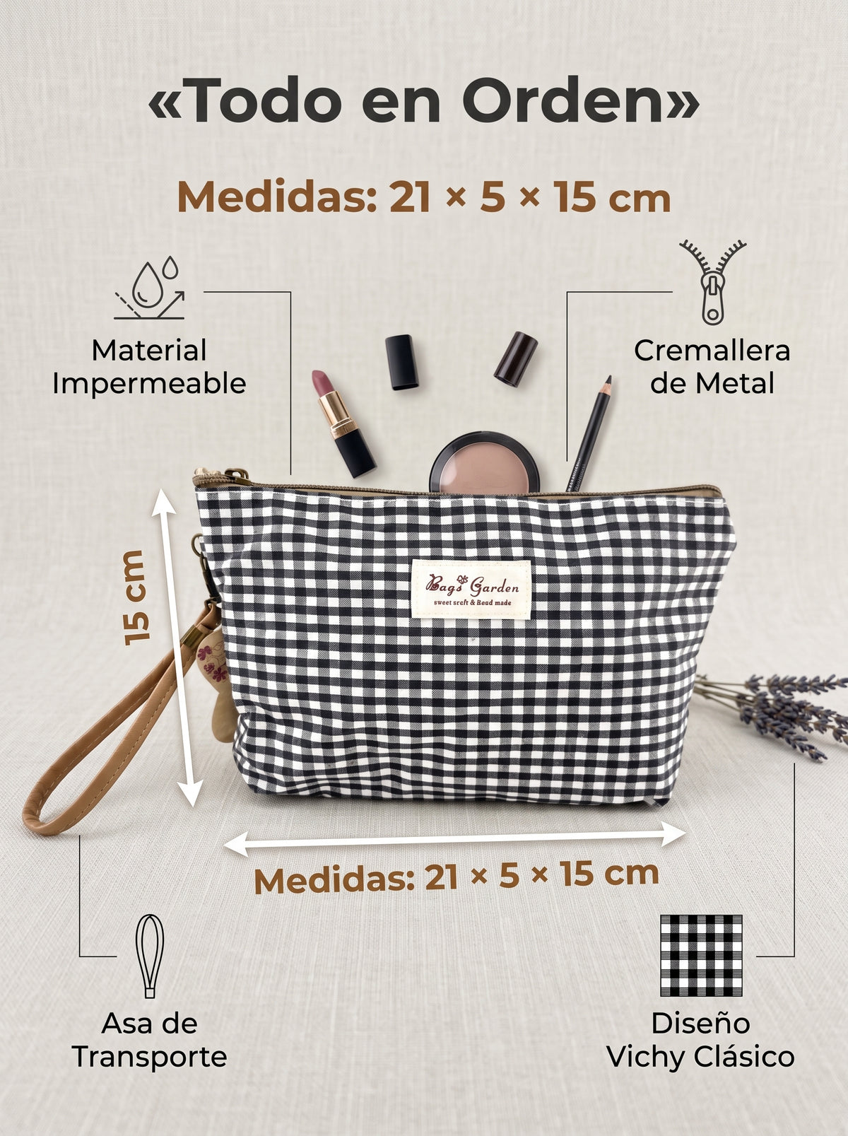 Neceser Mediano Vichy Impermeable con Bolsillo Trasero y Asa de Muñeca