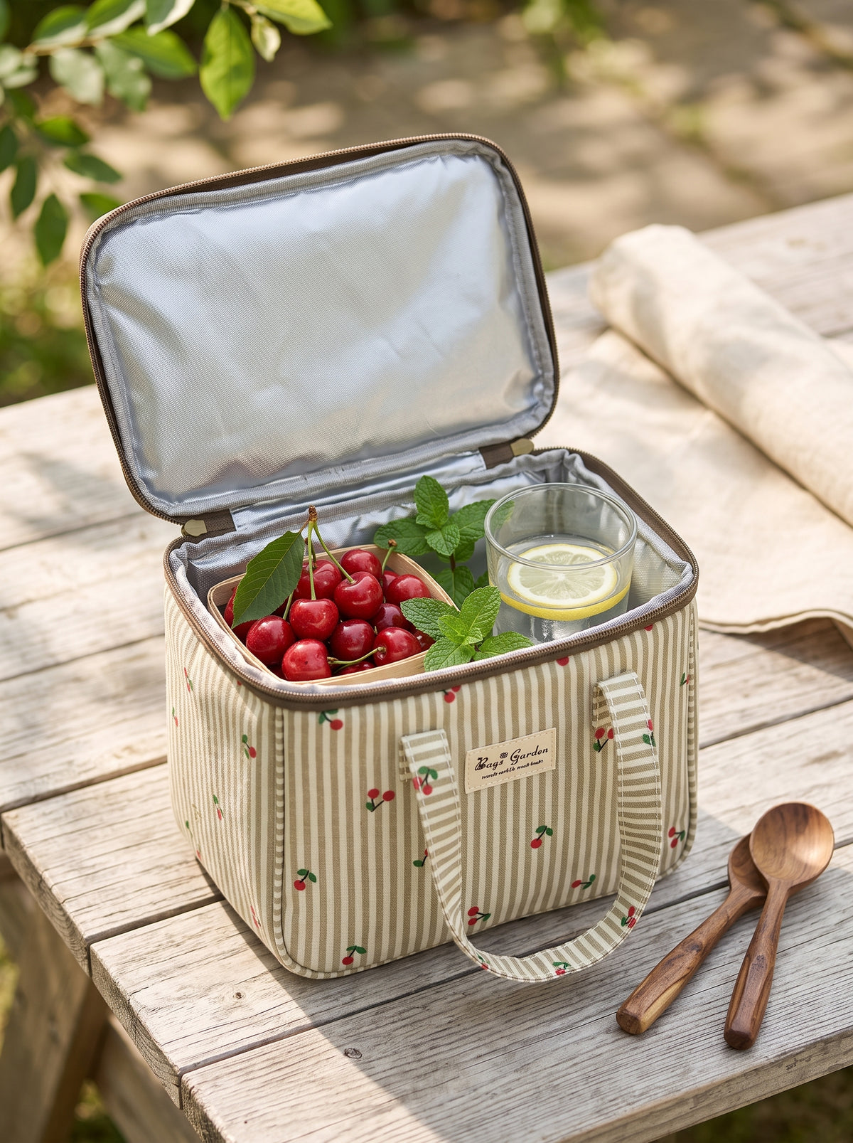 Bolsa Nevera de Mano de Rayas con Cerezas