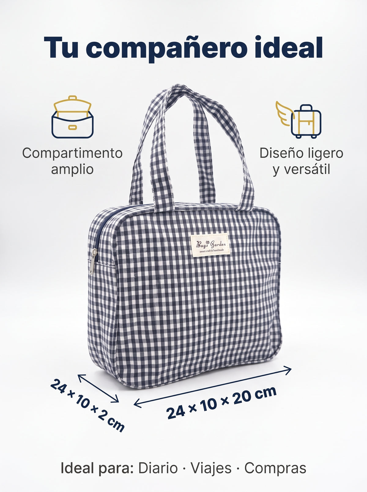 Bolso de Mano Vichy con Cremallera, Dos Asas e Interior Forrado