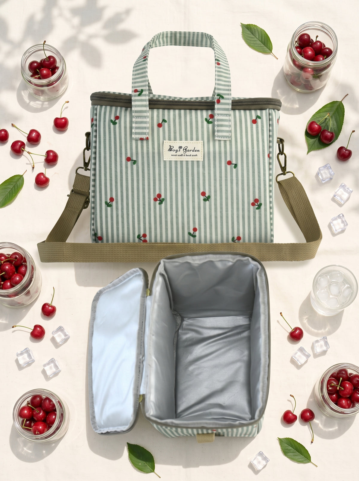Bolsa Nevera Grande de Rayas con Cerezas y Bandolera