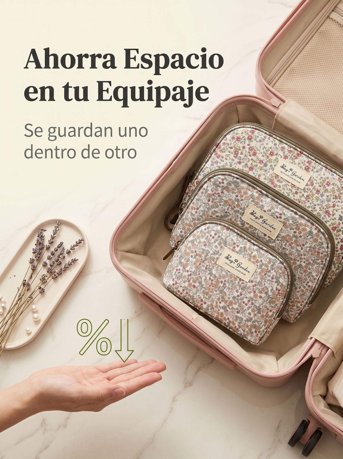 Set de 3 Neceseres Florales Impermeables de Diferentes Tamaños para Maquillaje y Viaje