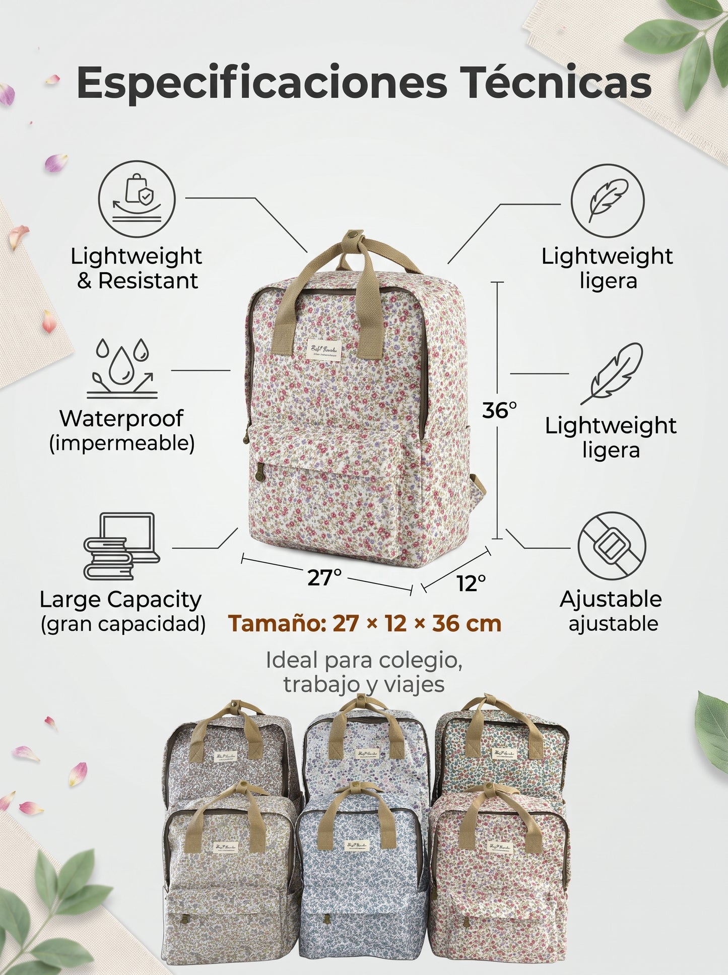 Mochila Floral Impermeable Bags Garden con Bolsillo Frontal, Bolsillos Laterales
